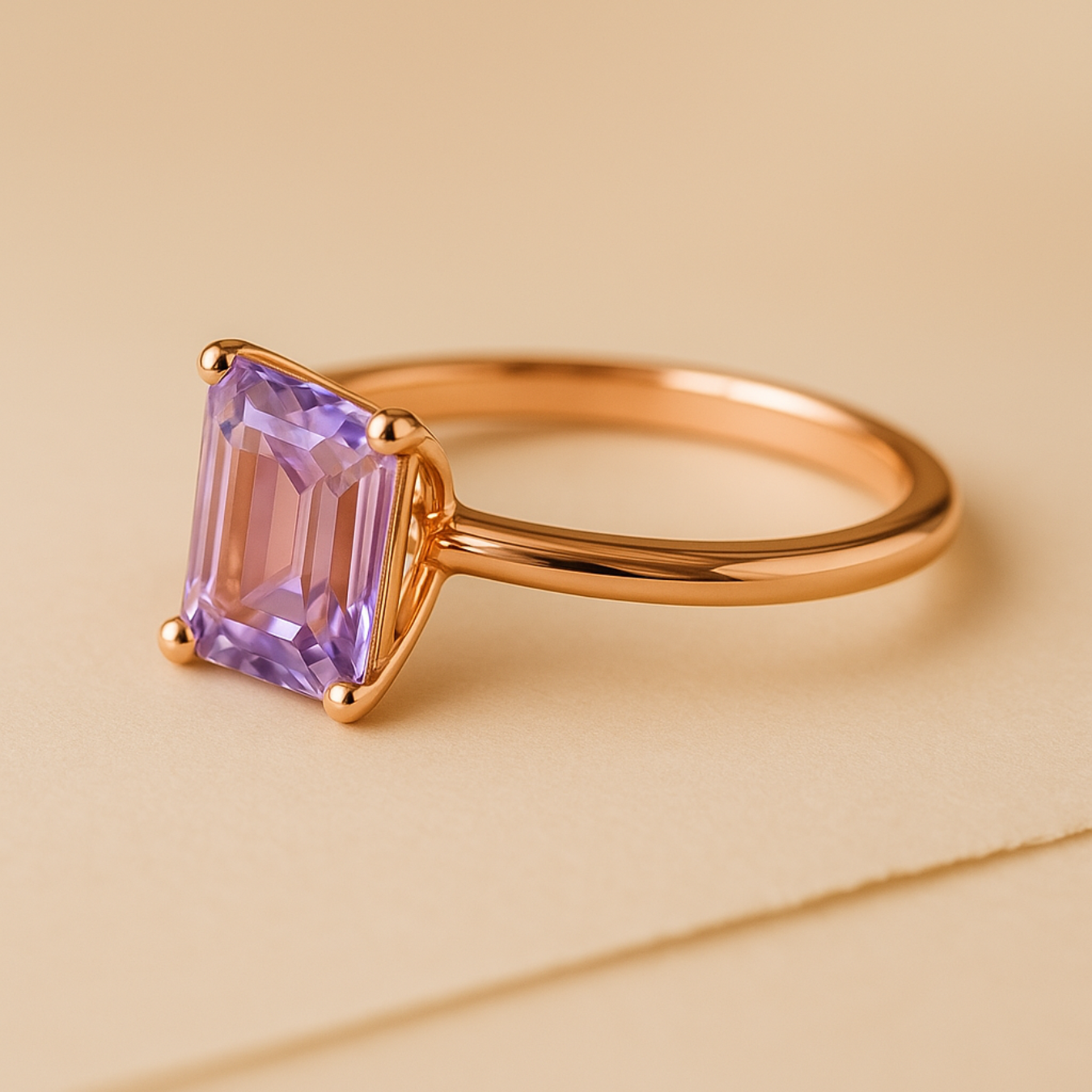 14K Rose De France 3 CT Rose De France Amethyst Emerald Cut Ring
