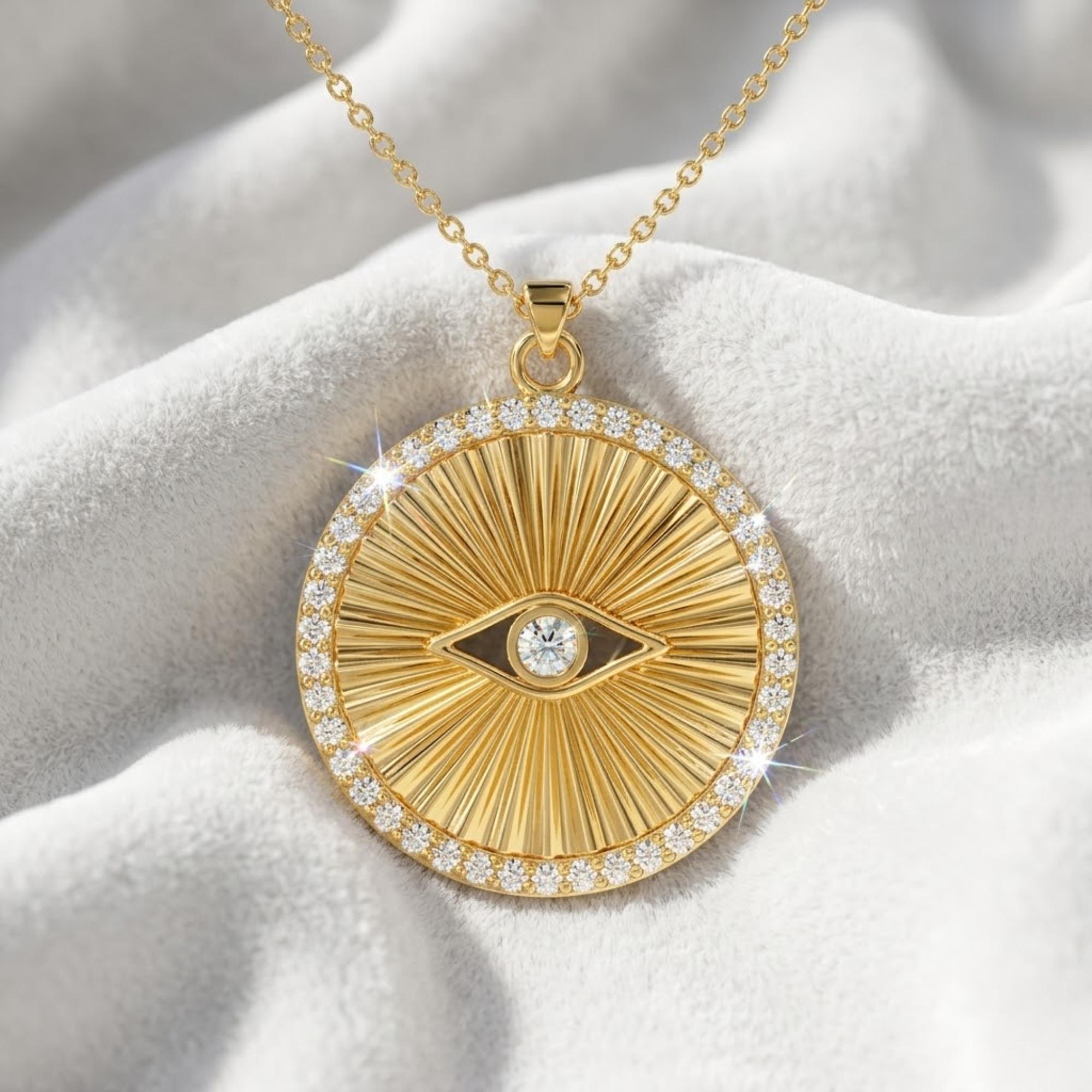 14K Solid Gold Diamond Evil Eye Pendant Necklace