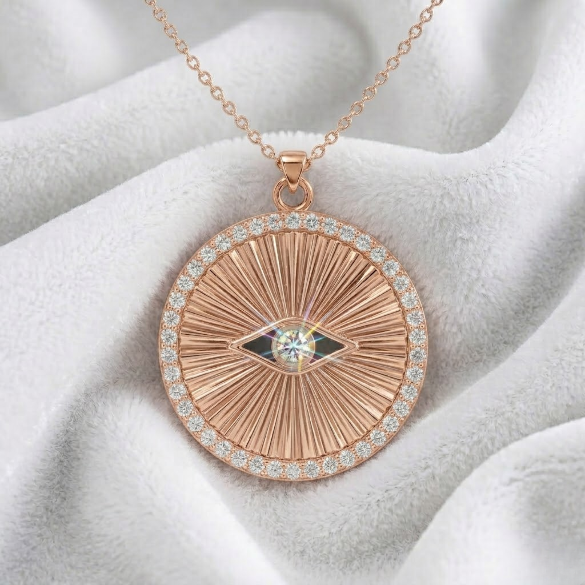 14K Solid Gold Diamond Evil Eye Pendant Necklace