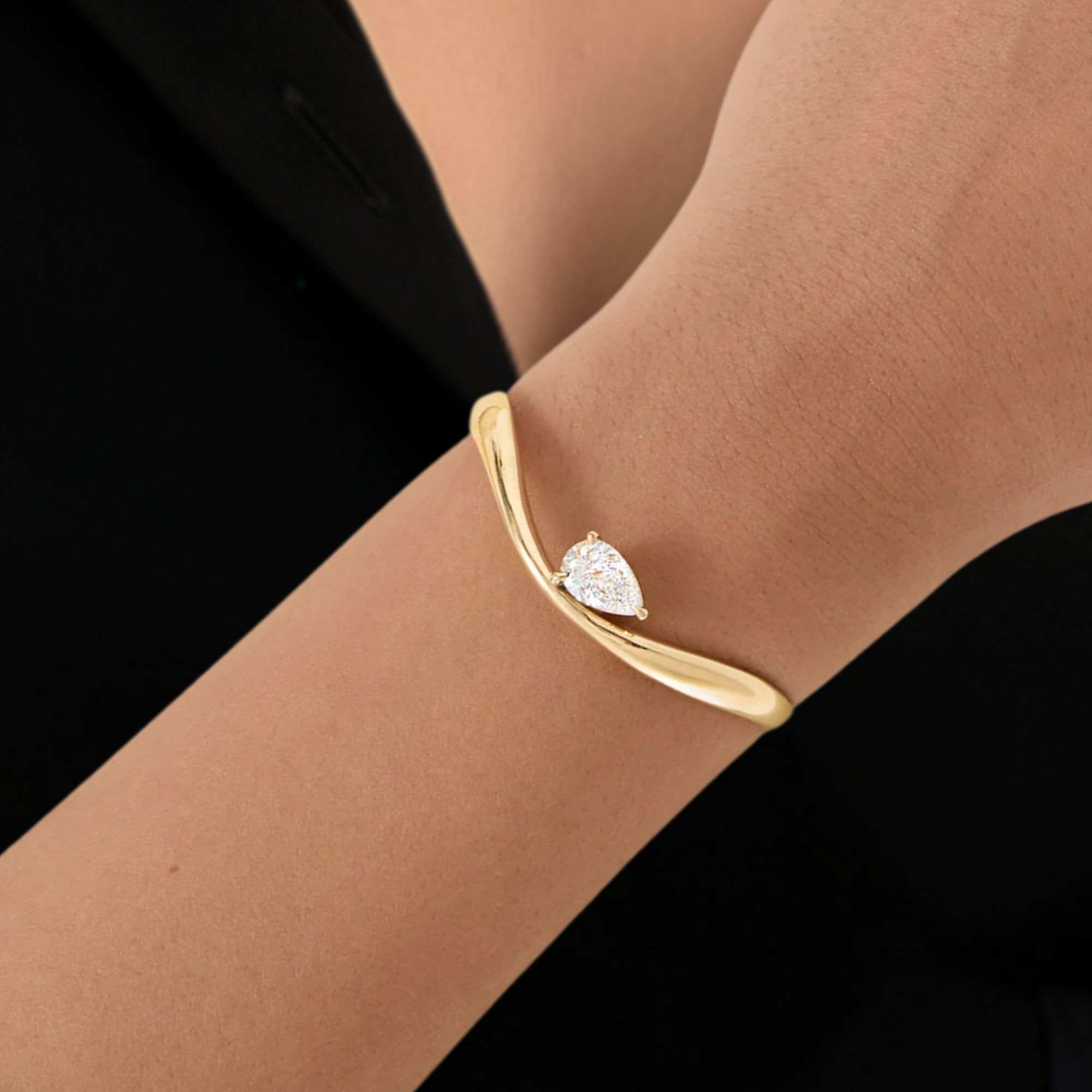 14K Gold Minimalist Bracelet, Pear Shape Solitaire Bangle