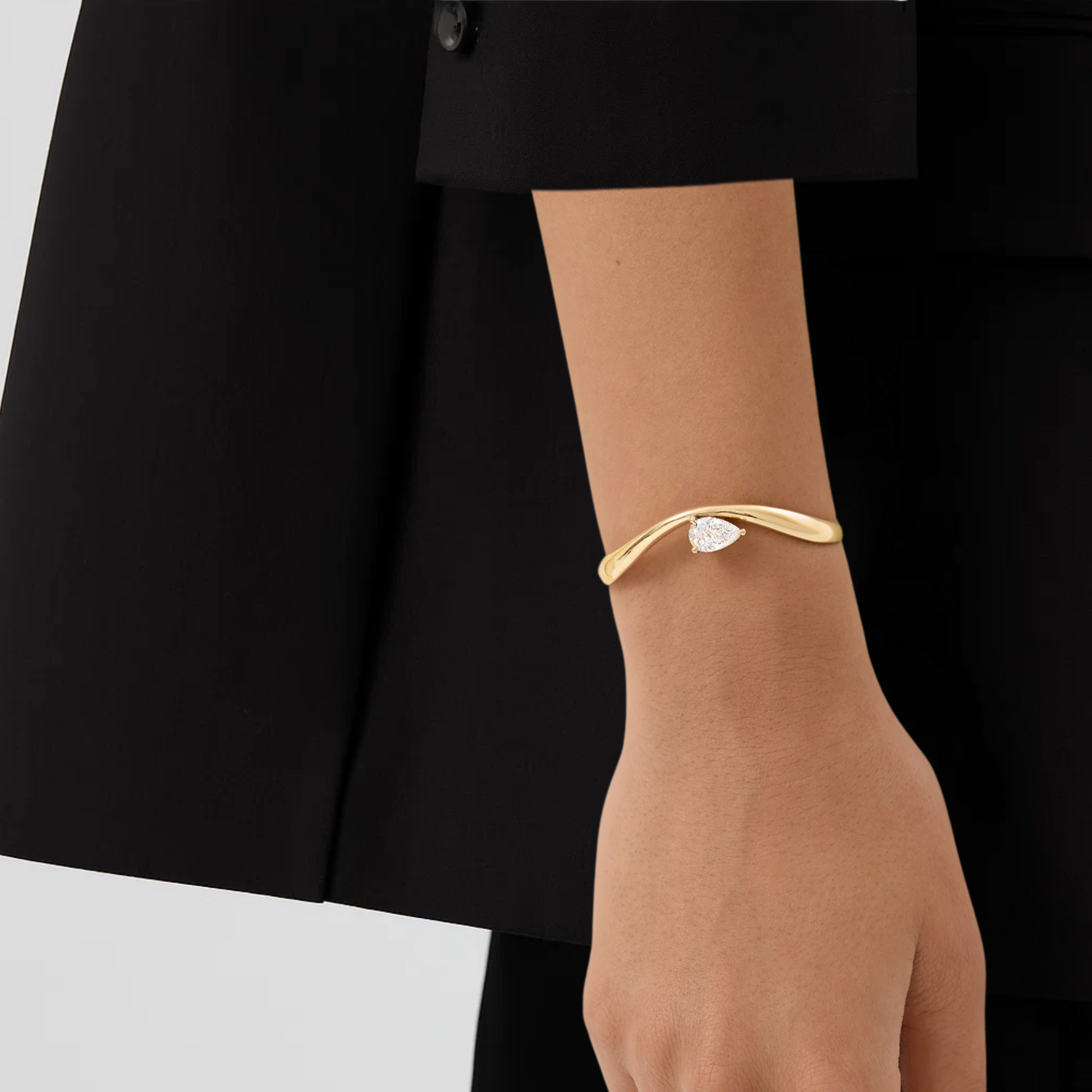 14K Gold Minimalist Bracelet, Pear Shape Solitaire Bangle