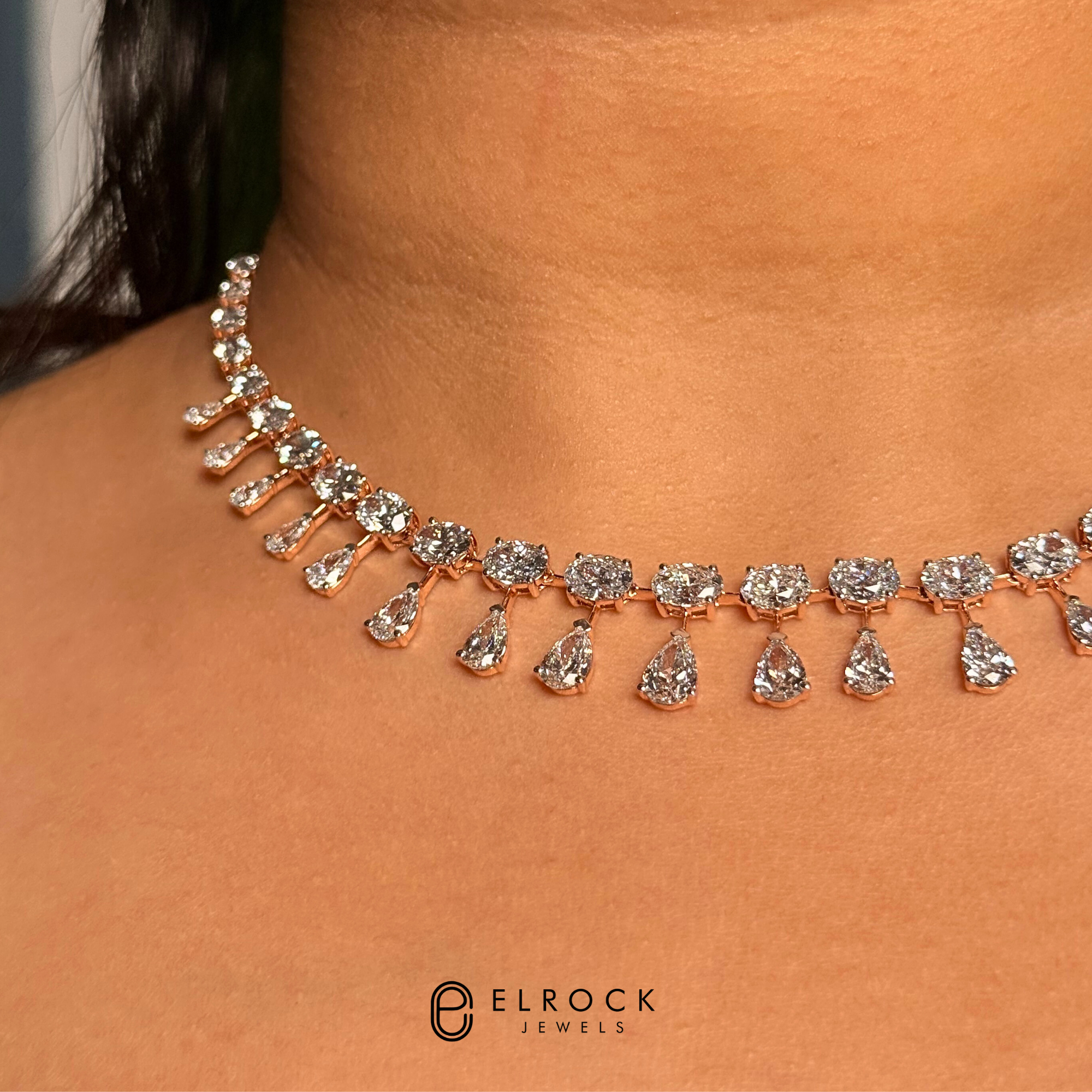 14K Solid Gold Pear & Oval Cut Diamond Tennis Necklace