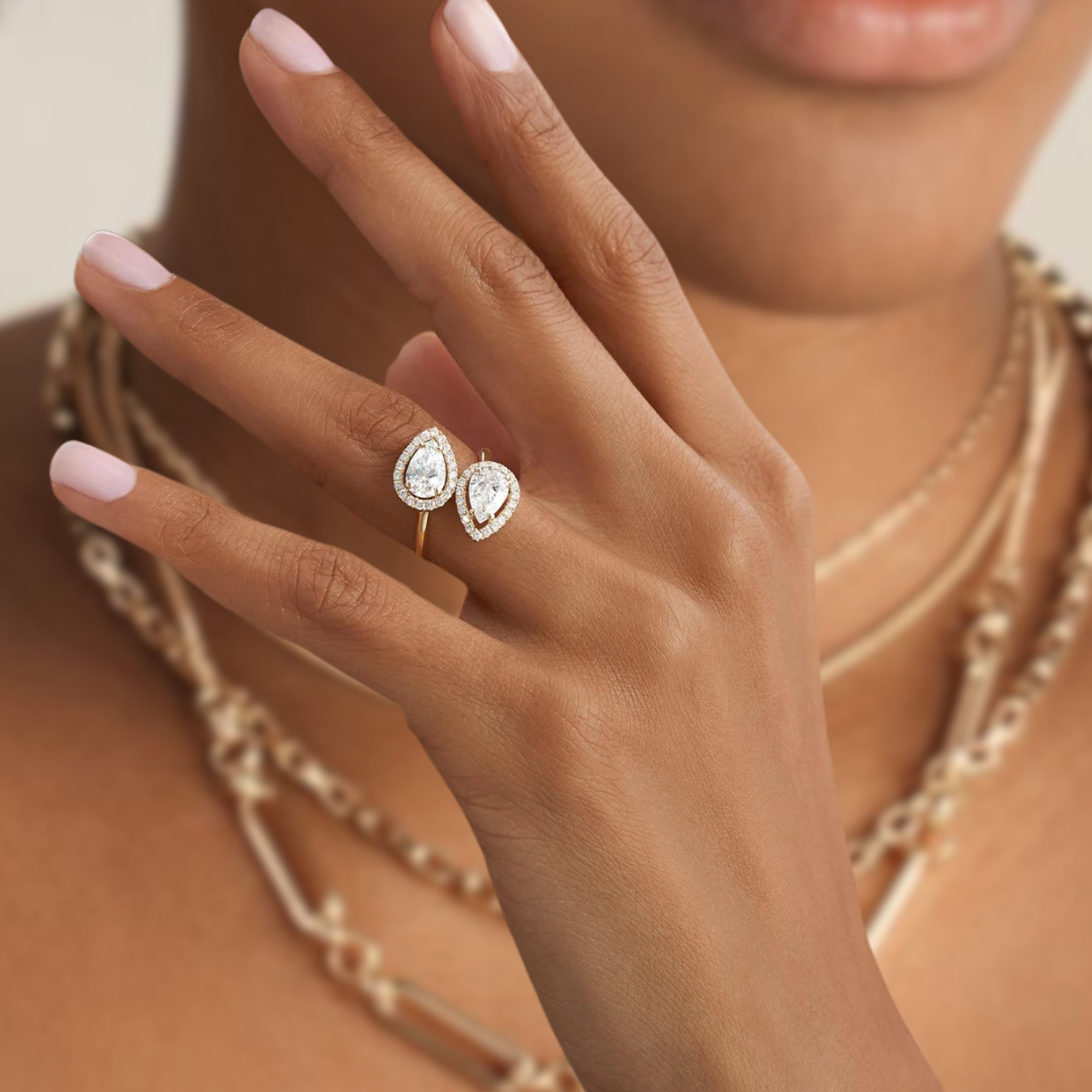 Cross Over Pear Shaped Halo Setting Lab Grown Diamond Ring