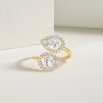 14k Cross Over Pear Shaped Halo Setting Lab Grown Diamond Ring, Two Stone Halo Setting