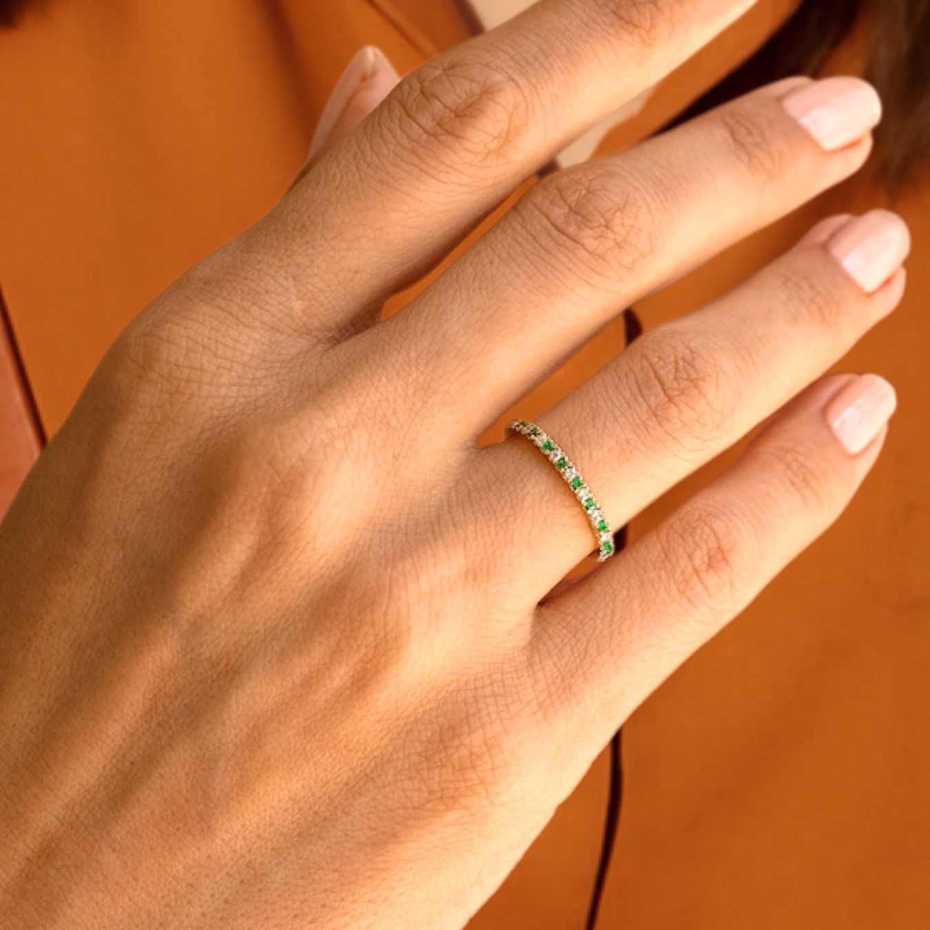14K Solid Gold Alternating Emerald Eternity Band | Full Eternity Stackable Birthstone Band