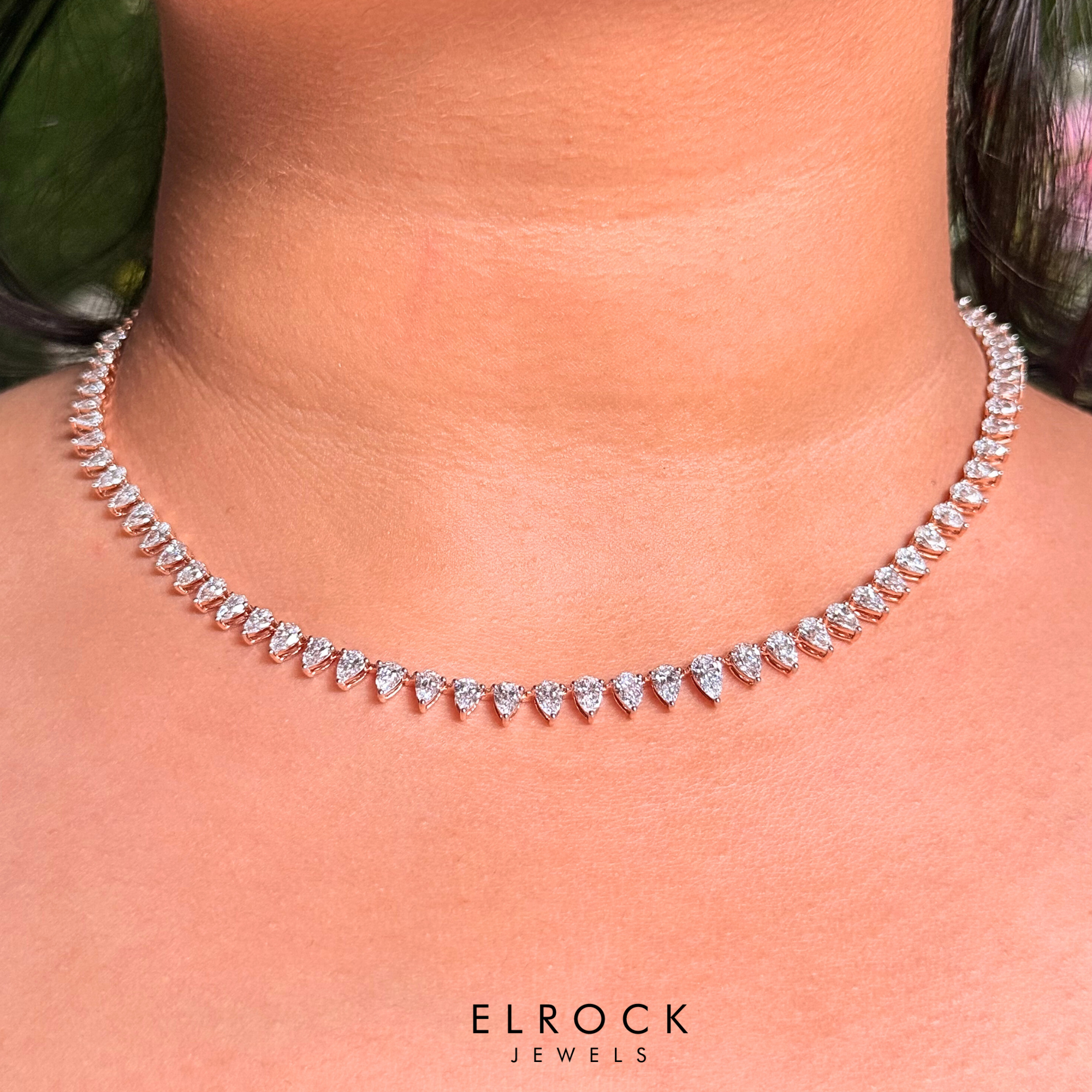 14K Solid Gold Pear Diamond Tennis Necklace
