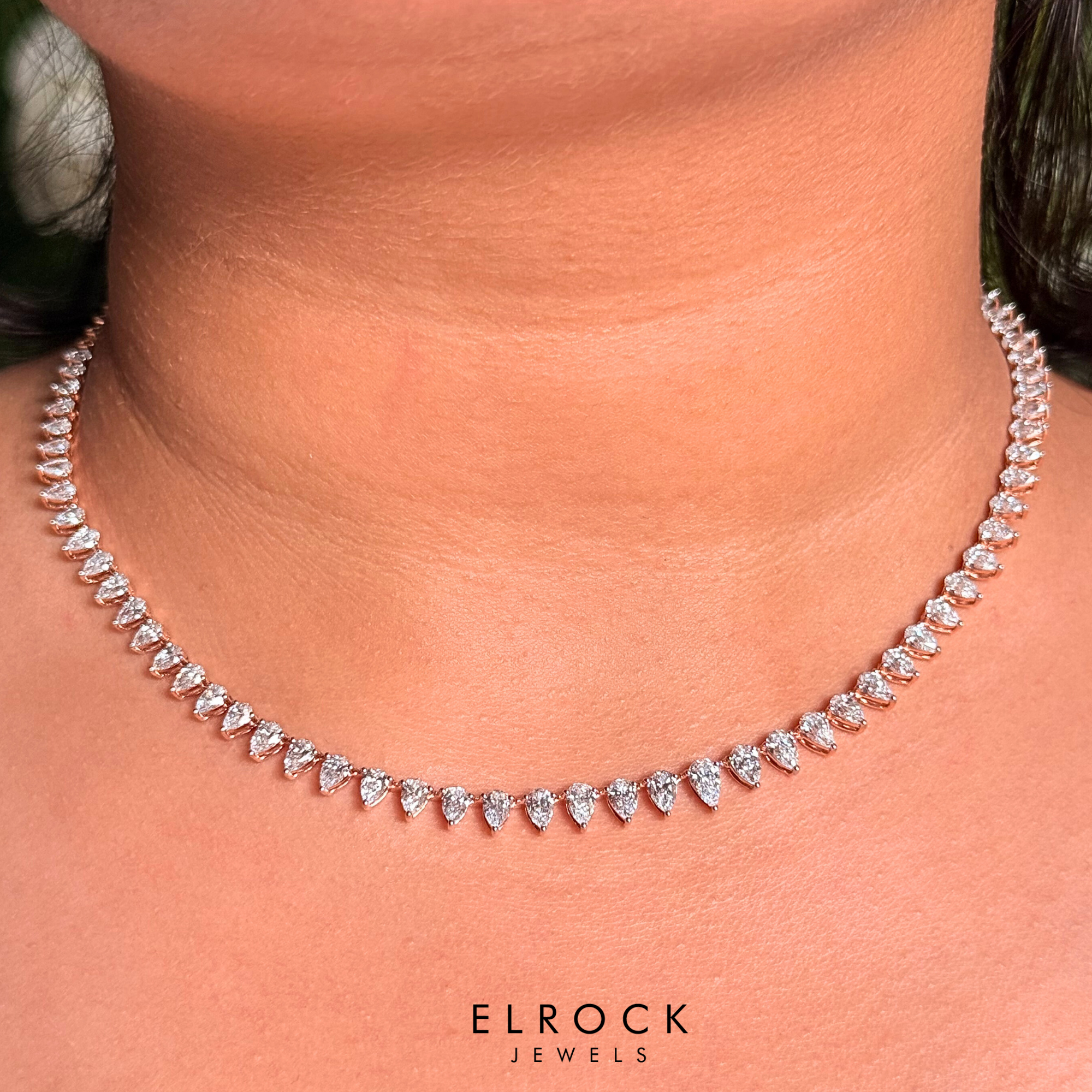 14K Solid Gold Pear Diamond Tennis Necklace