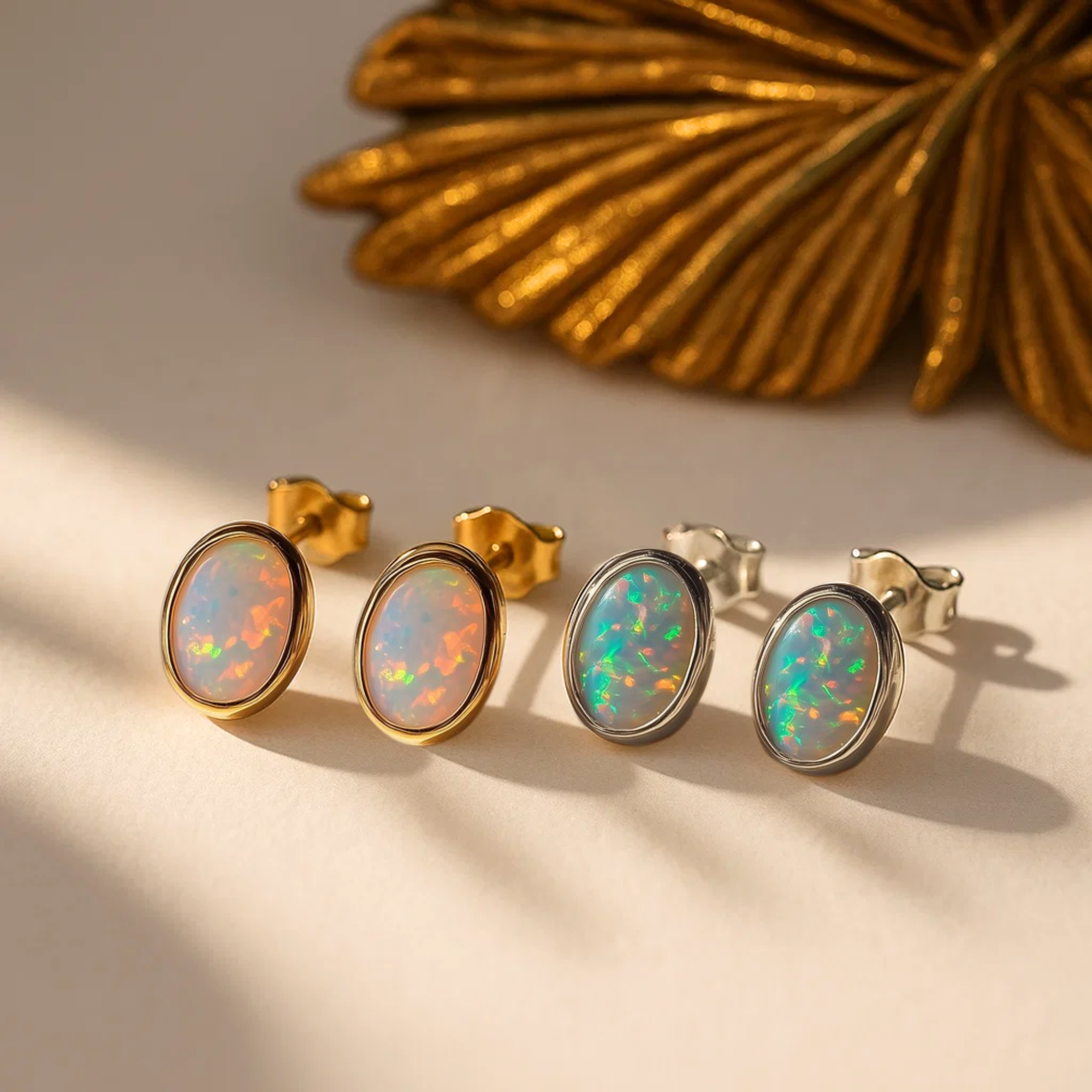 14K Gold Minimalist Oval Opal Stud Earrings, Rose Gold Silver Stud Earrings