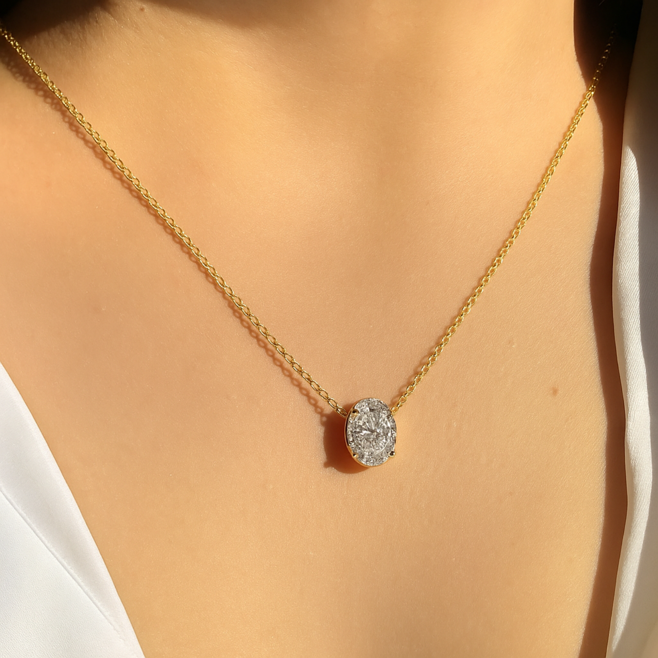 14K Gold 1.56 Ct Diamond Necklace, Lab Grown Diamond Oval Pendant