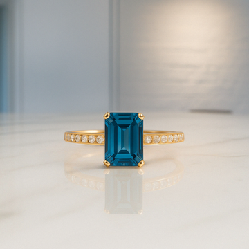 London Blue Topaz & Diamond Ring, Emerald Cut Engagement Ring with Lab Grown Halo – Stunning December Birthstone Jewelry,14k solid gold