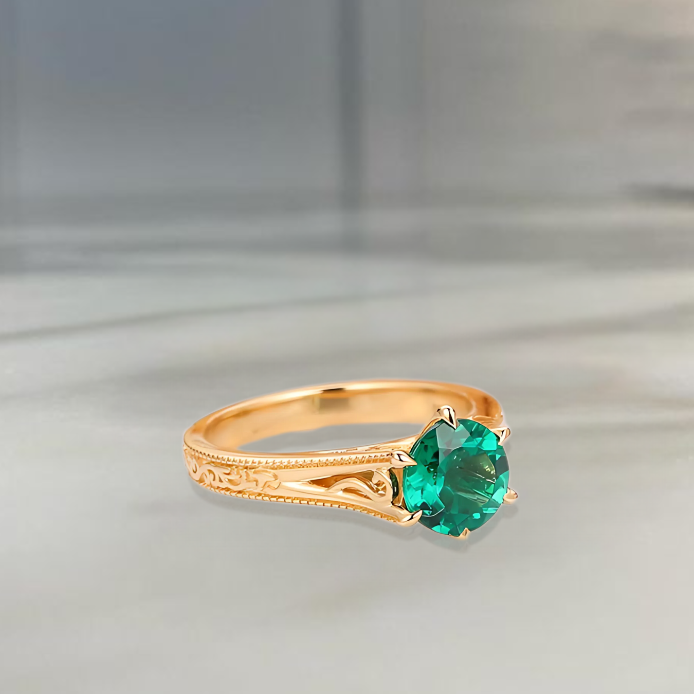 14K Solid Gold Green Gemstone Engagement Ring | Antique Filigree Emerald Ring.