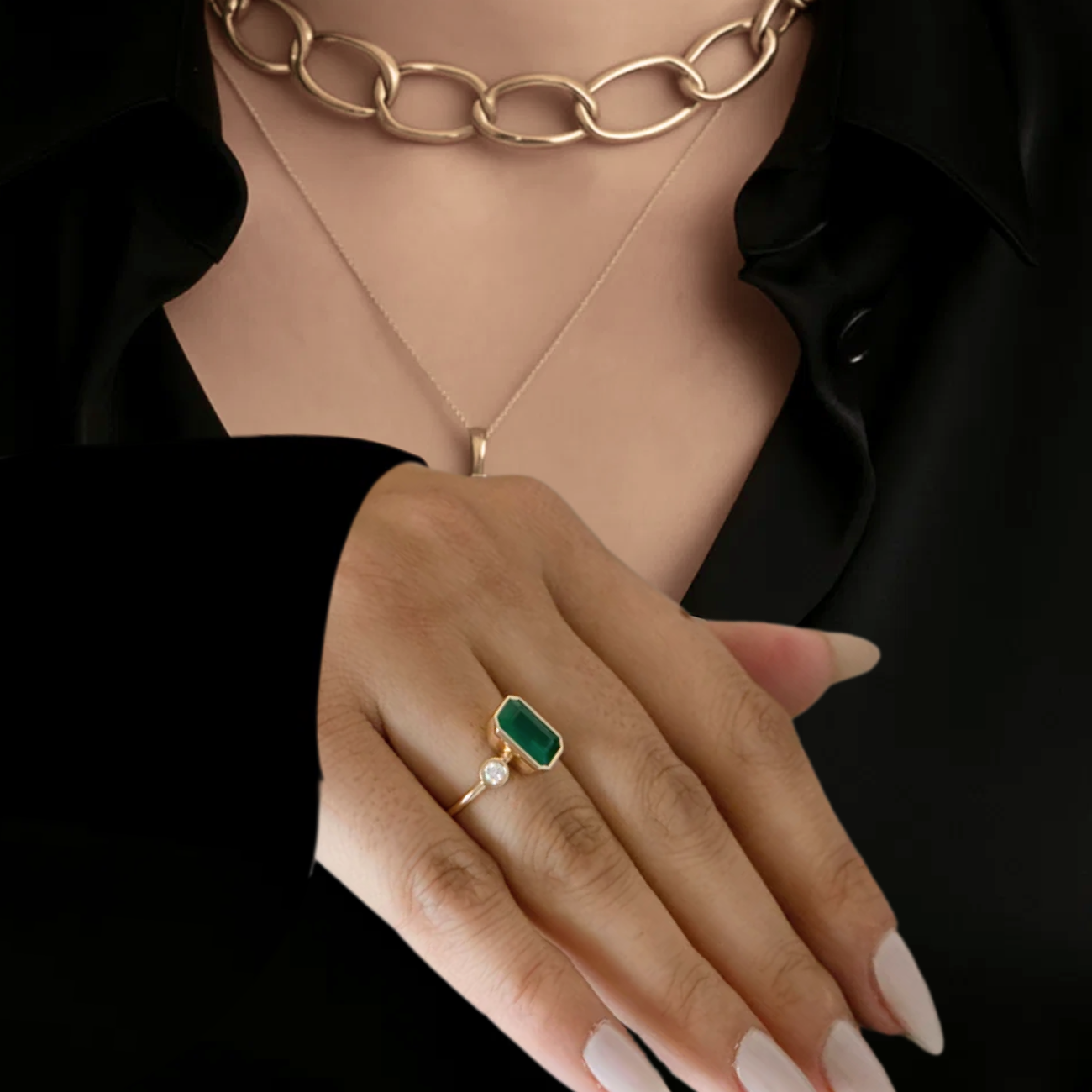 14K Gold Diamond Emerald Engagement Ring