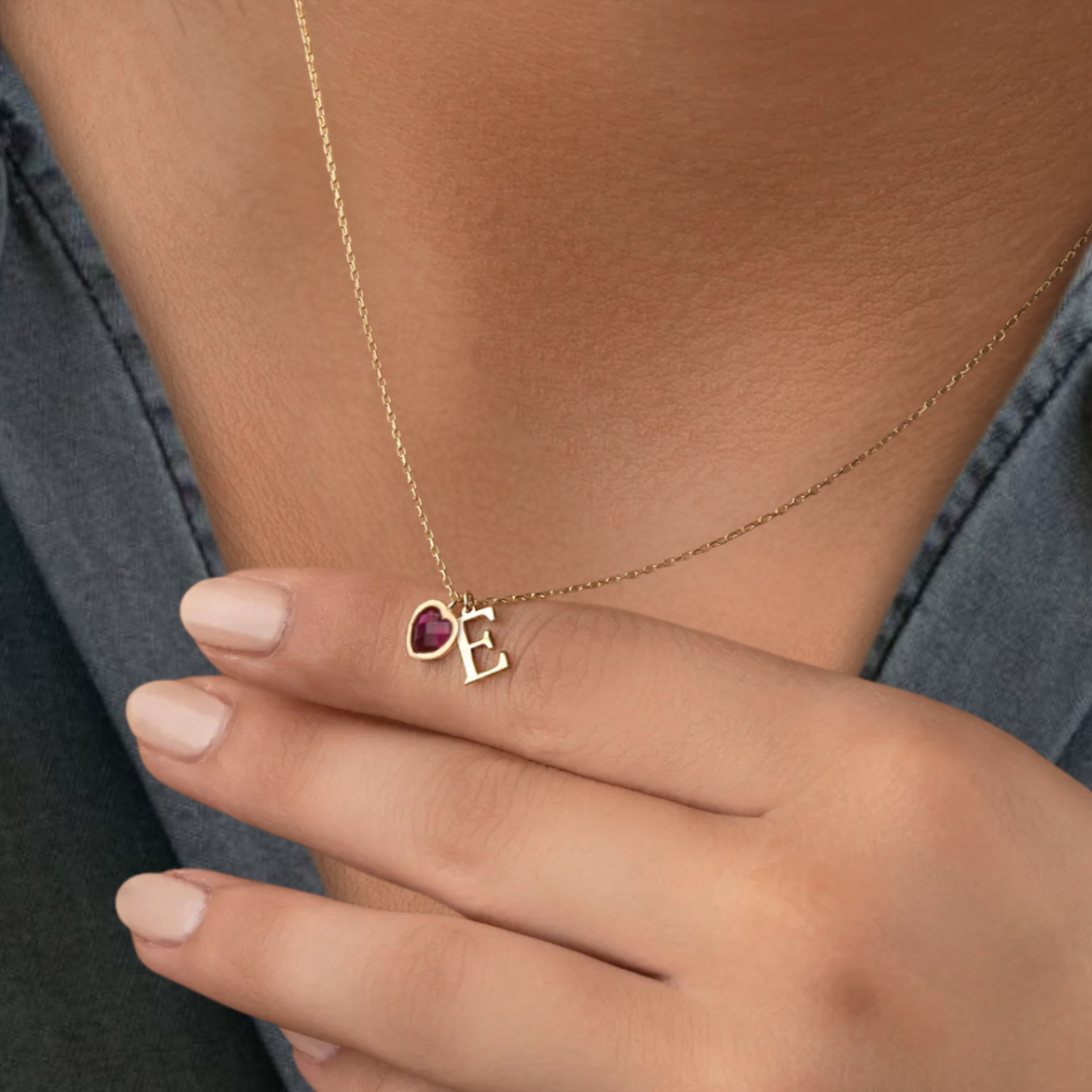 14K Solid Gold Initial Necklace with Birthstone