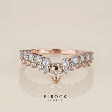 14K Skull Wedding Band with Round Cut Lab Grown Diamonds, Gothic Ring Promise Ring for Her