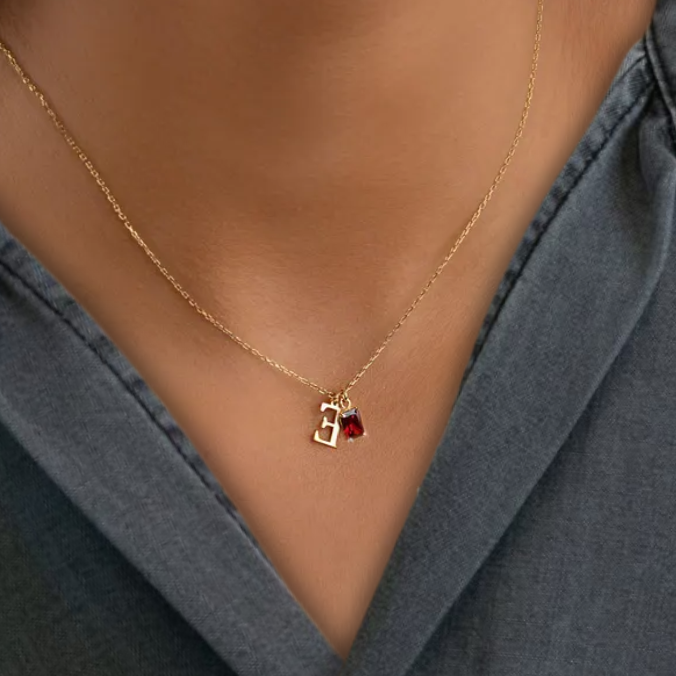 14K Solid Gold Initial Necklace with Birthstone