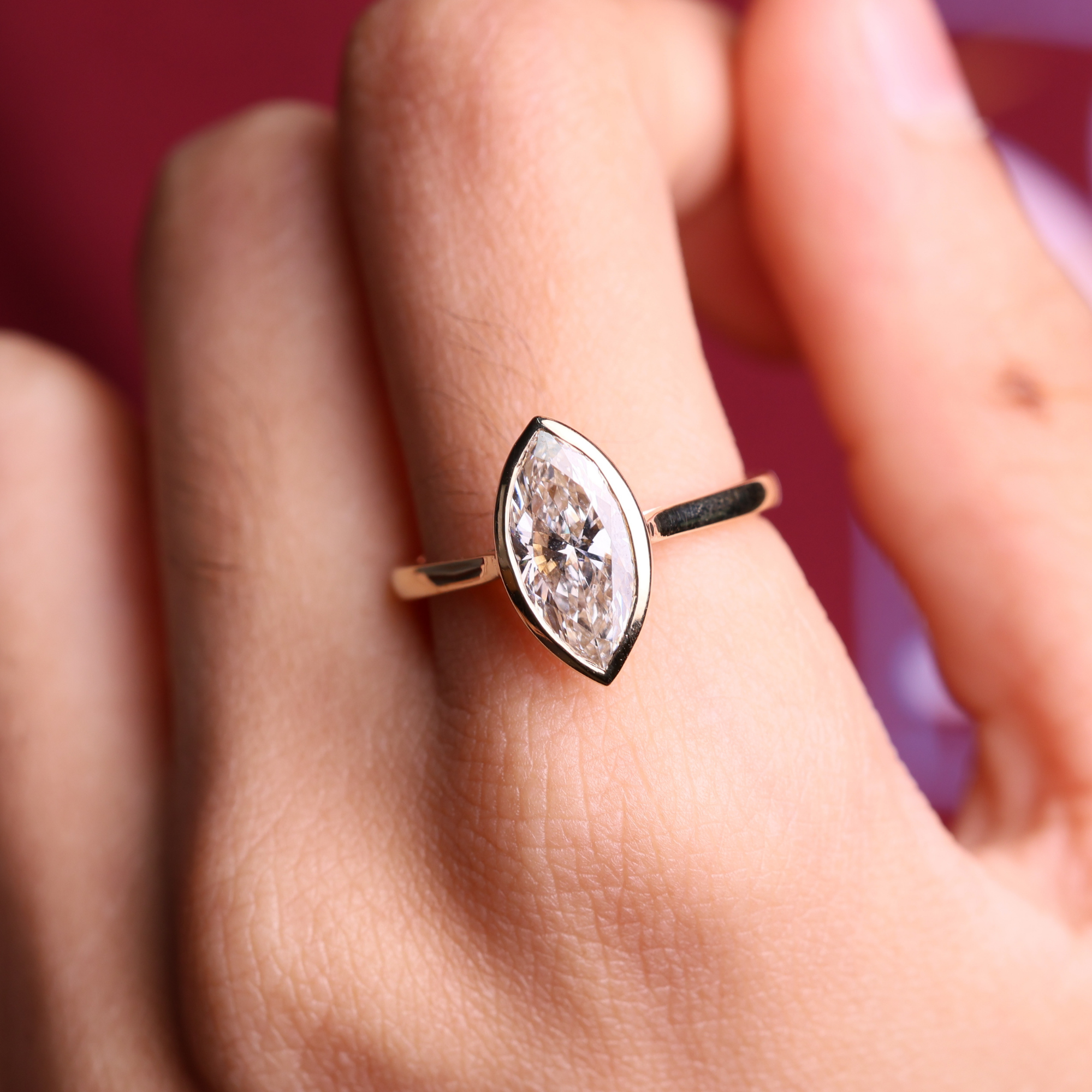 14K Gold Marquise Cut Lab Grown Solitaire Bezel Set Diamond Ring