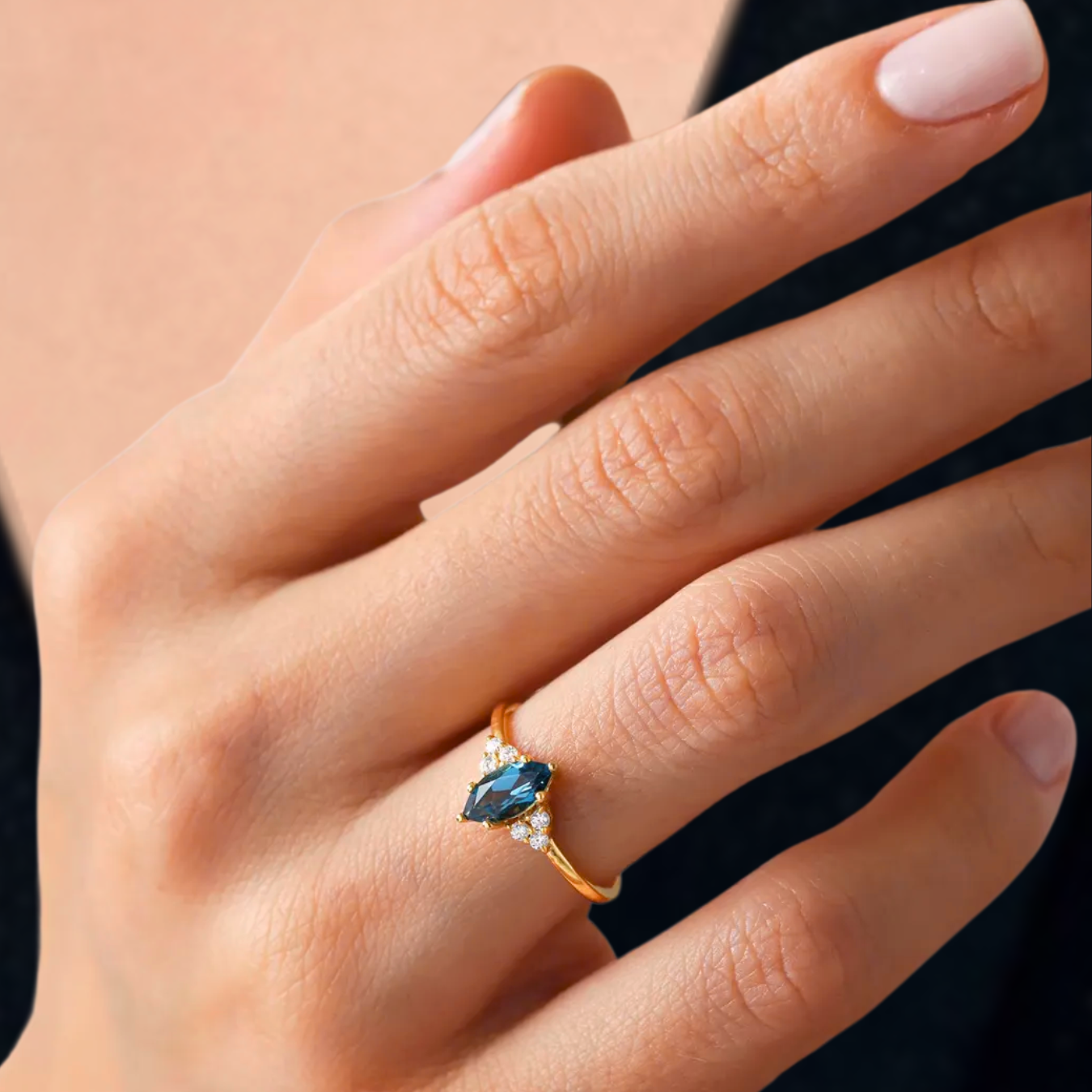 14K Anniversary Bridal Ring ,0.58 Ct Marquise cut London blue Topaz Engagement ring