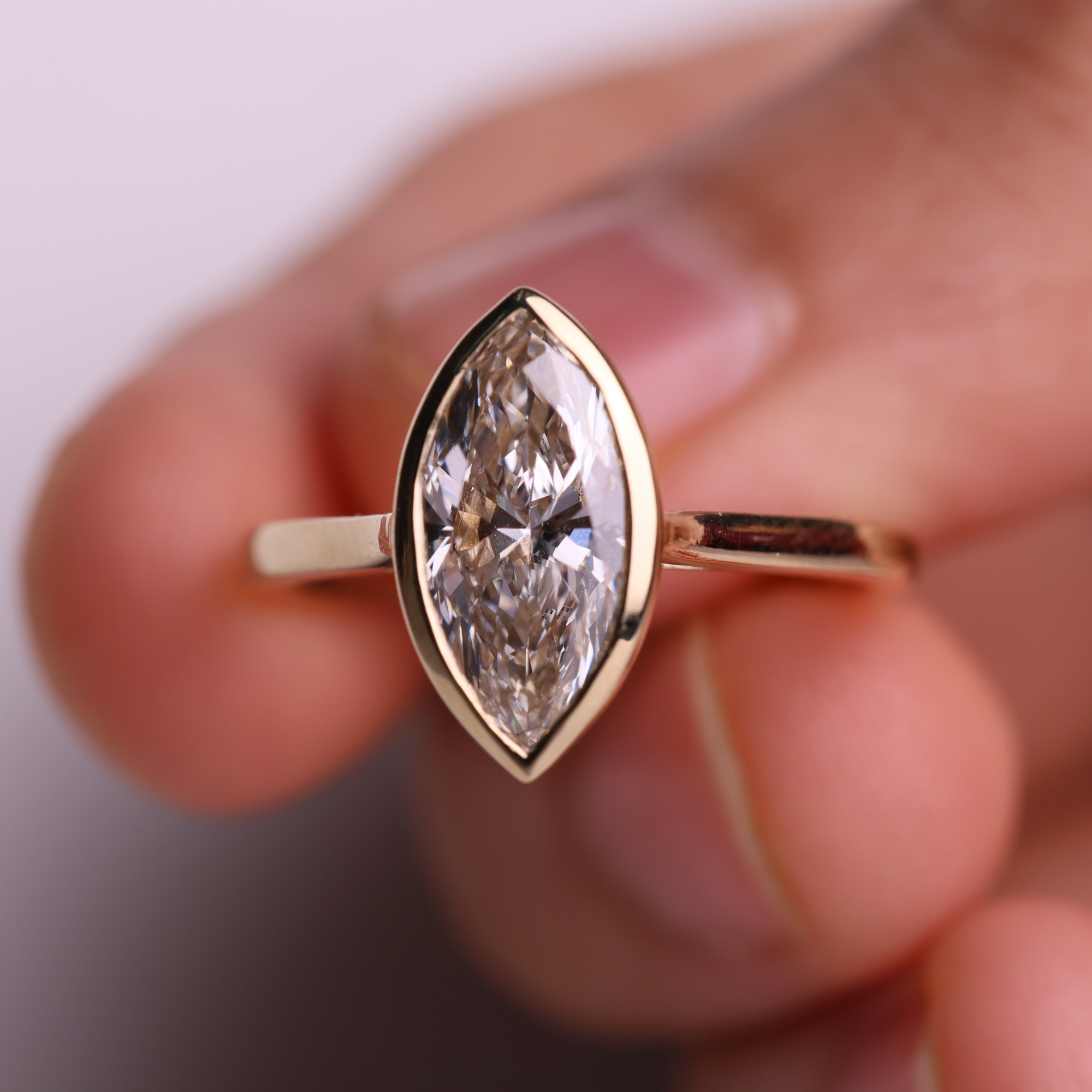 14K Gold Marquise Cut Lab Grown Solitaire Bezel Set Diamond Ring