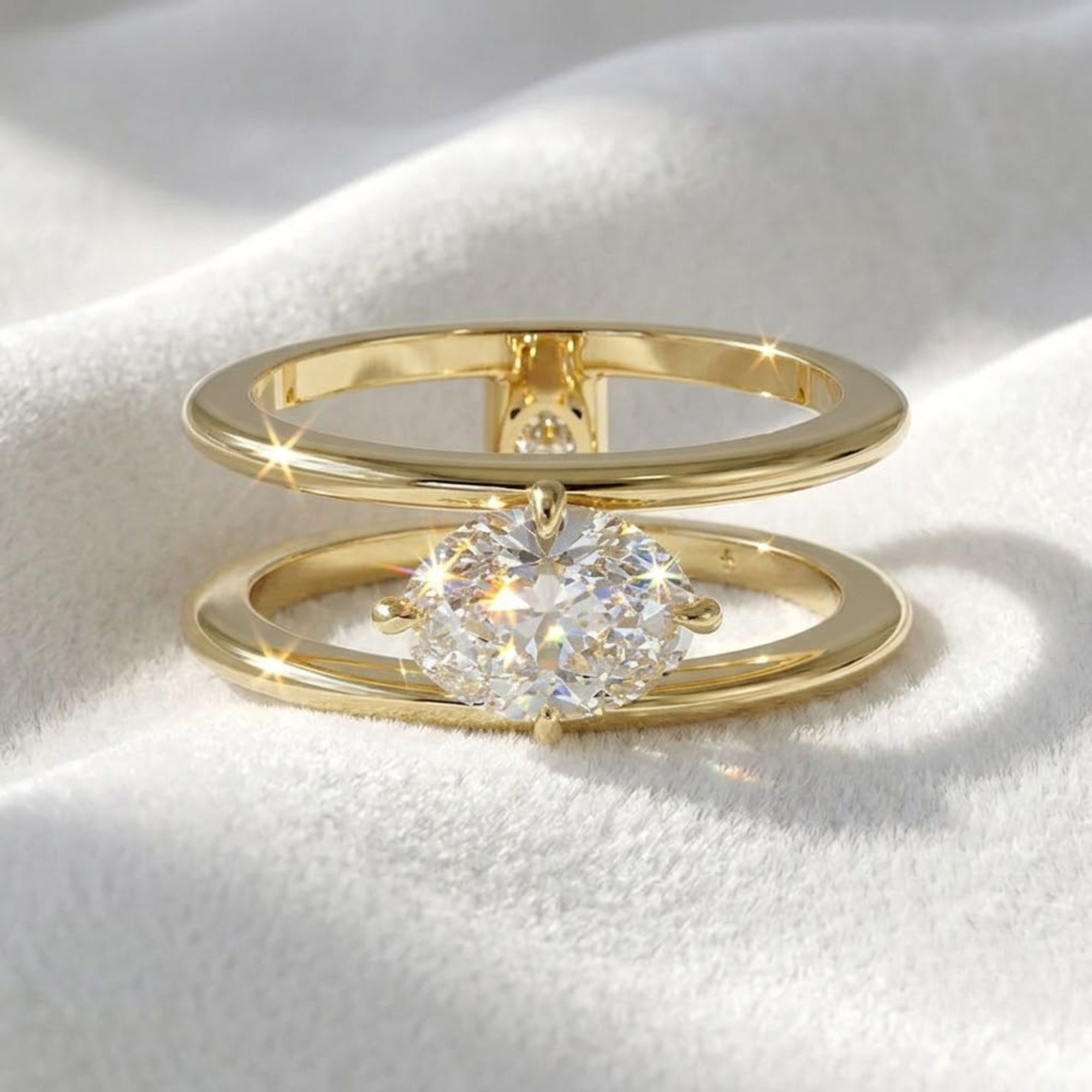 14K Solid White Gold Stacking Double Band Engagement Ring