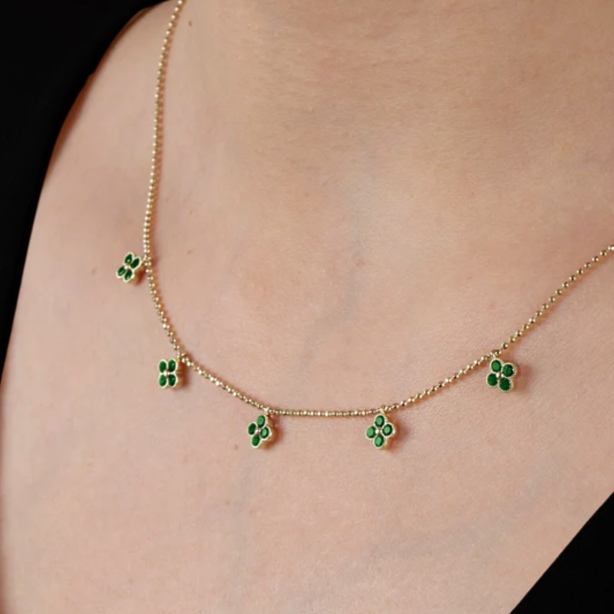 Yellow Gold Clover Necklace with Emerald Station, Charm Pendant, Handmade Floral Jewelry