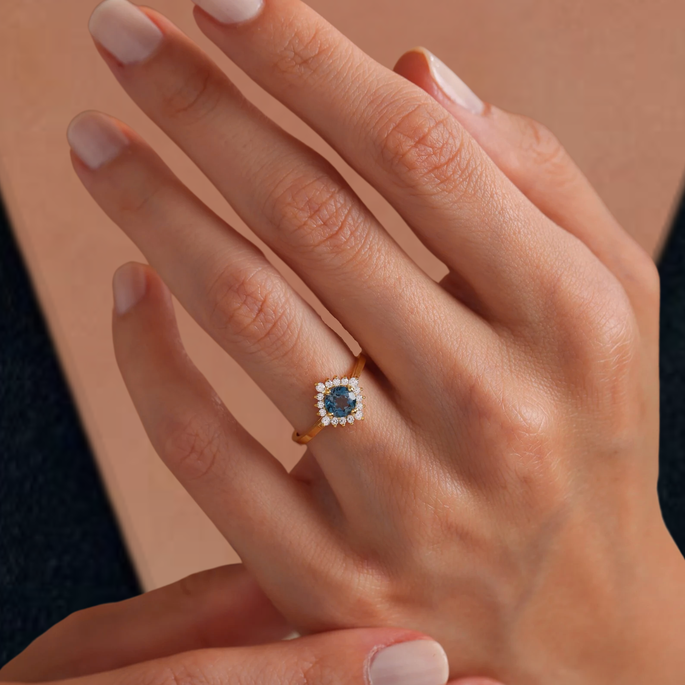 14K solid gold Round cut London blue 0.53 Ct Topaz Engagement ring.