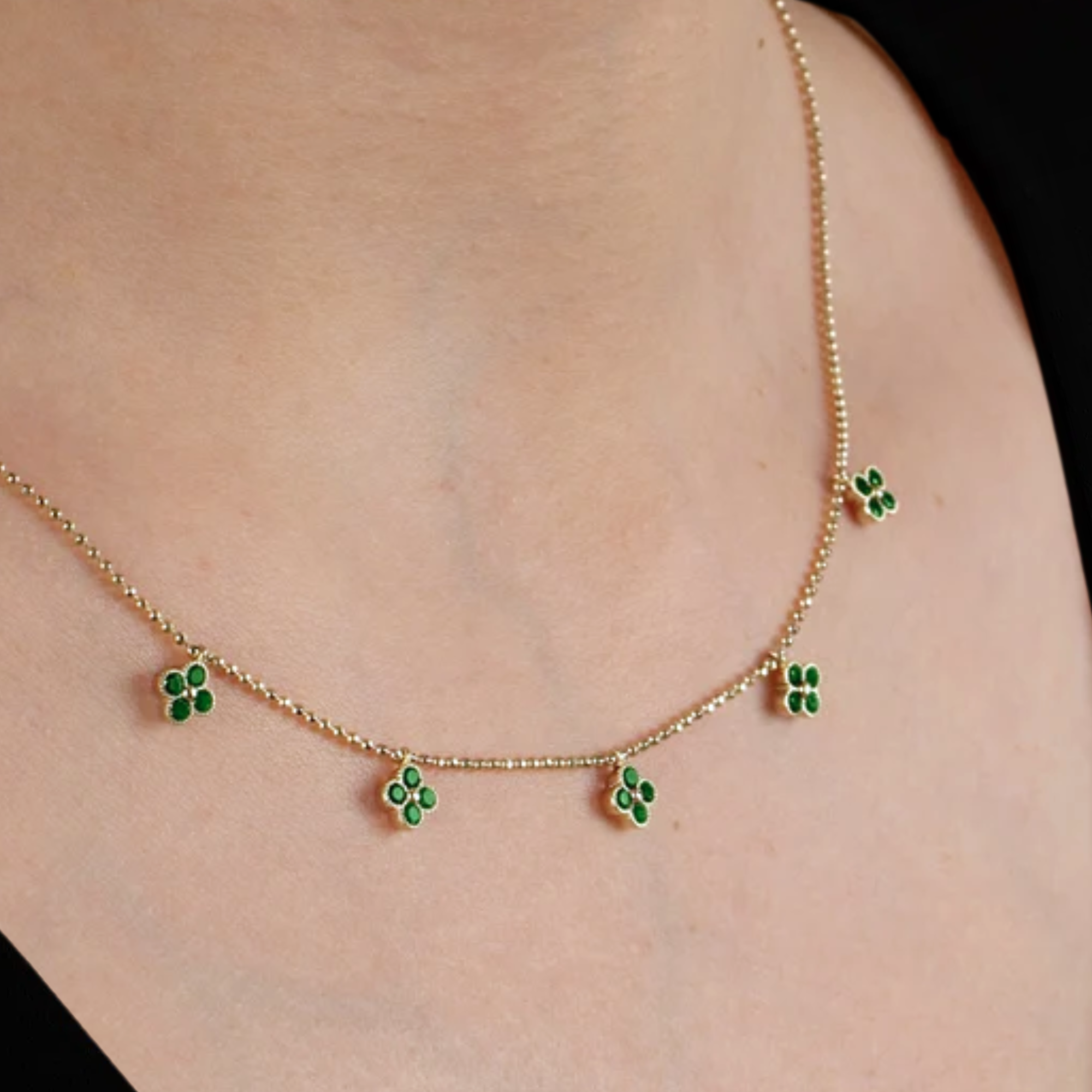 Yellow Gold Clover Necklace with Emerald Station, Charm Pendant, Handmade Floral Jewelry