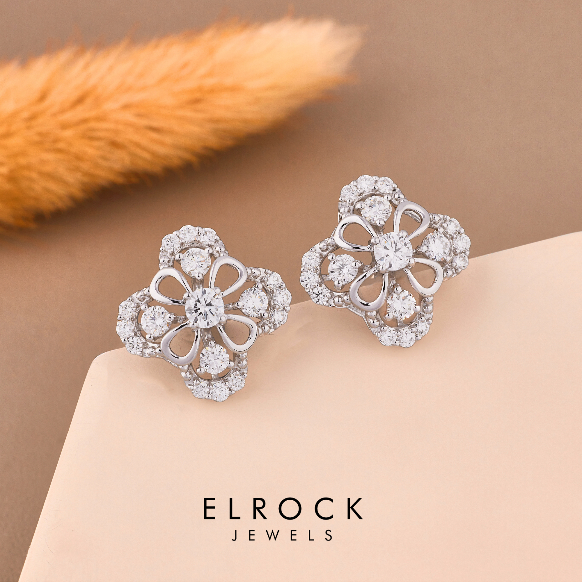 14K Gold Diamond Stud Diamond Clover Floral Studs Earrings