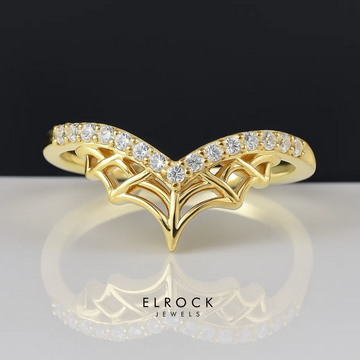 14K Yellow Gold Spider Web Stackable Ring with Lab Grown Diamond, Gothic Spider Jewelry