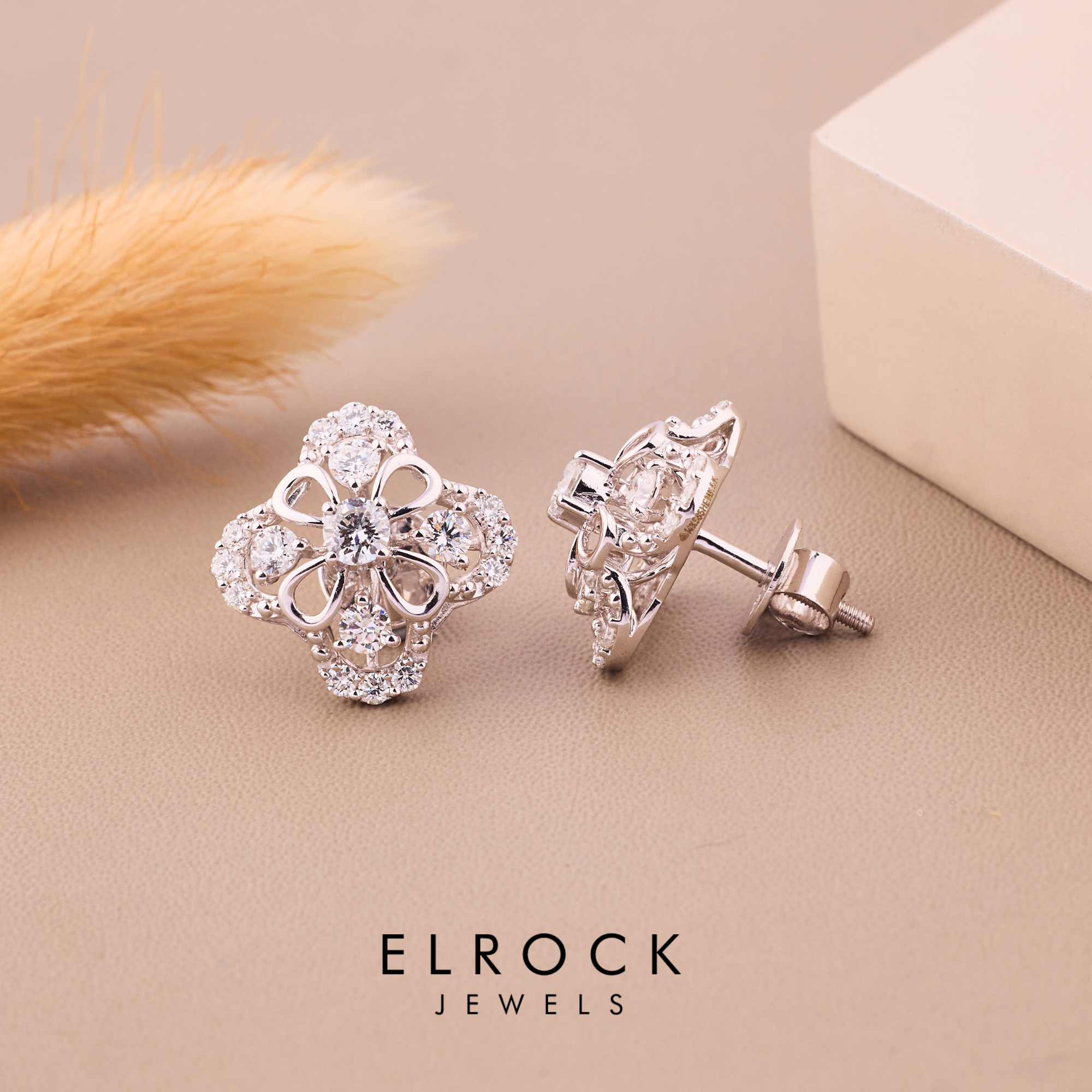 14K Gold Diamond Stud Diamond Clover Floral Studs Earrings