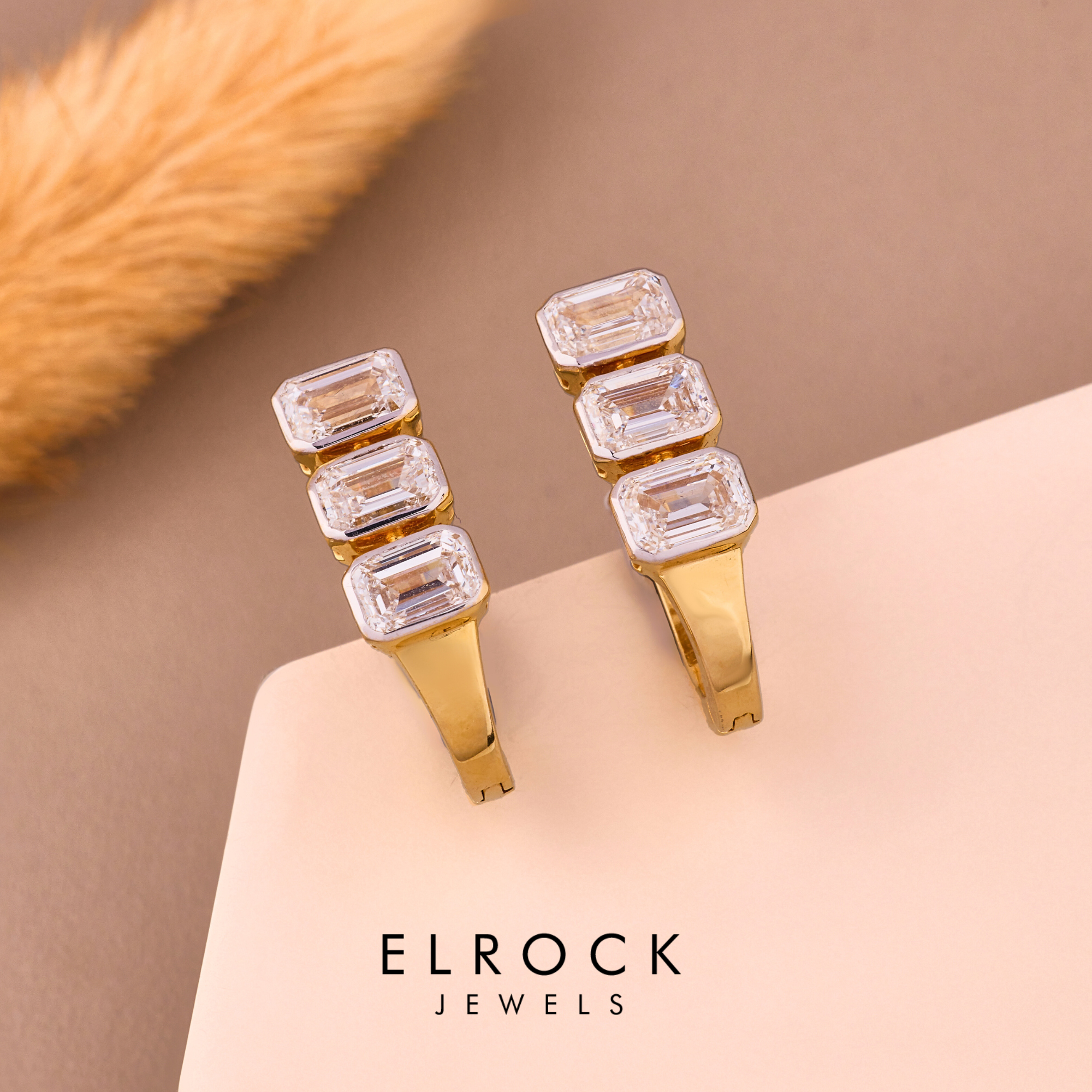 14K Solid Gold Emerald Cut Hoop Three Stone Diamond Huggies