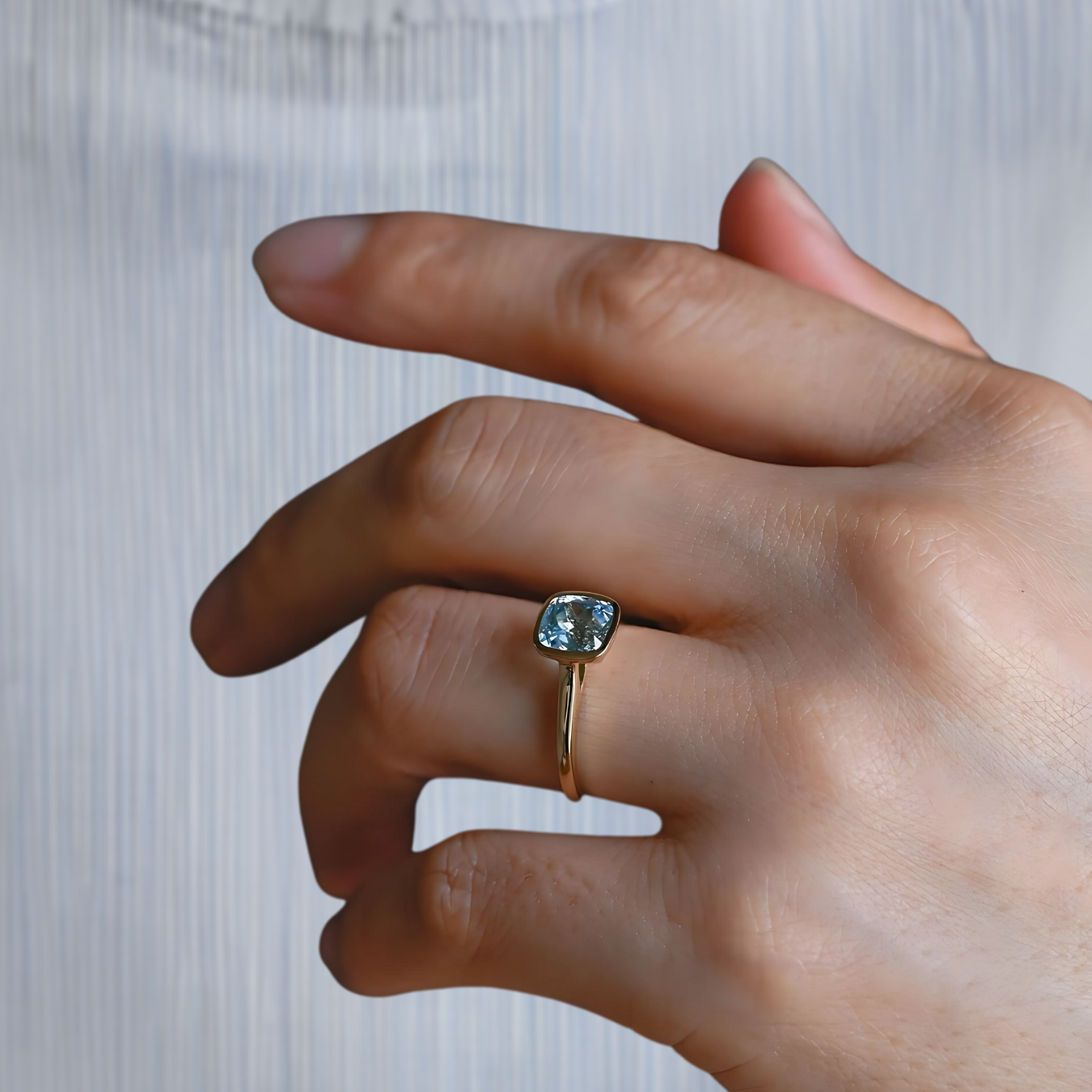 14k Solid Gold Cushion Lab Grown Blue Aquamarine Solitaire Engagement Ring