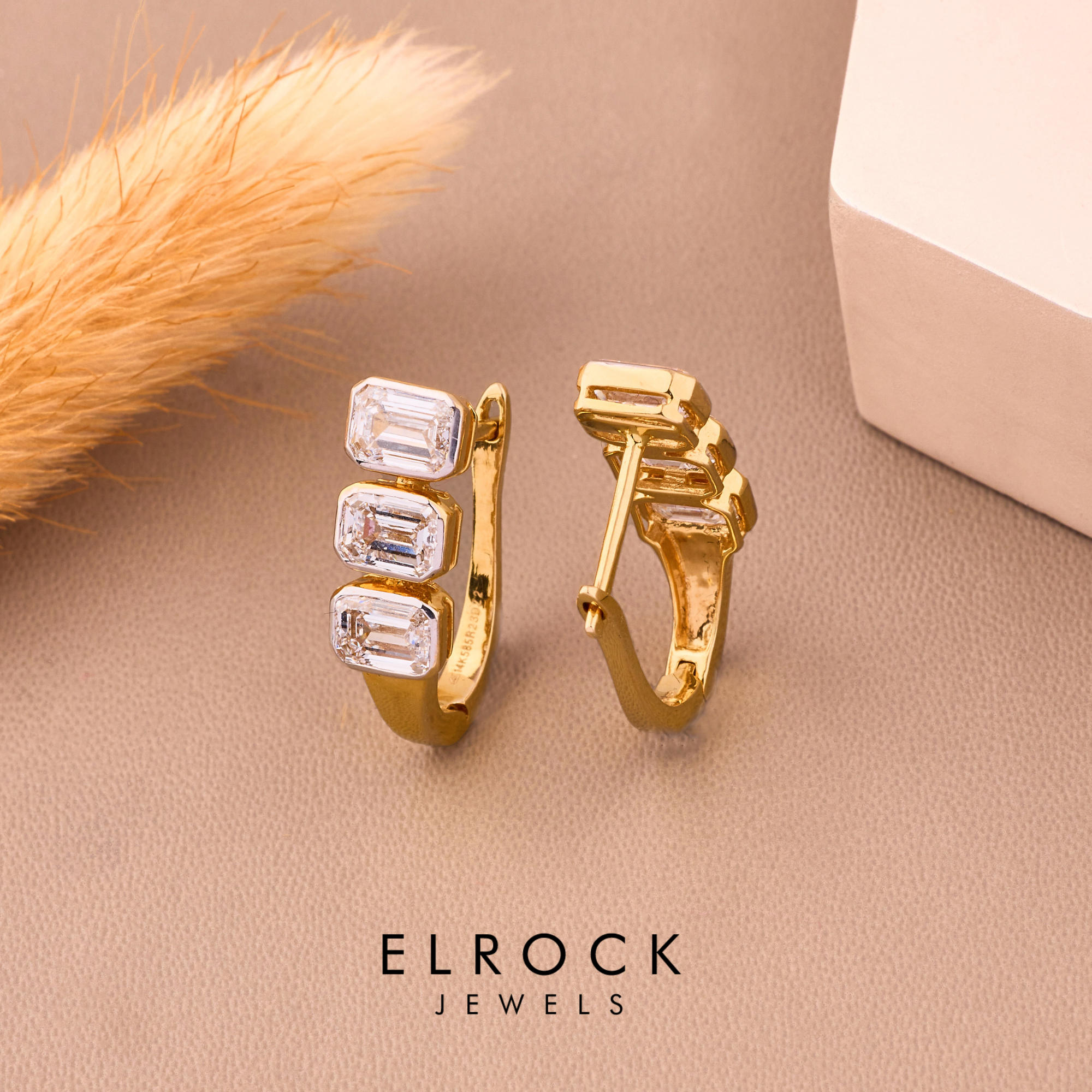 14K Solid Gold Emerald Cut Hoop Three Stone Diamond Huggies