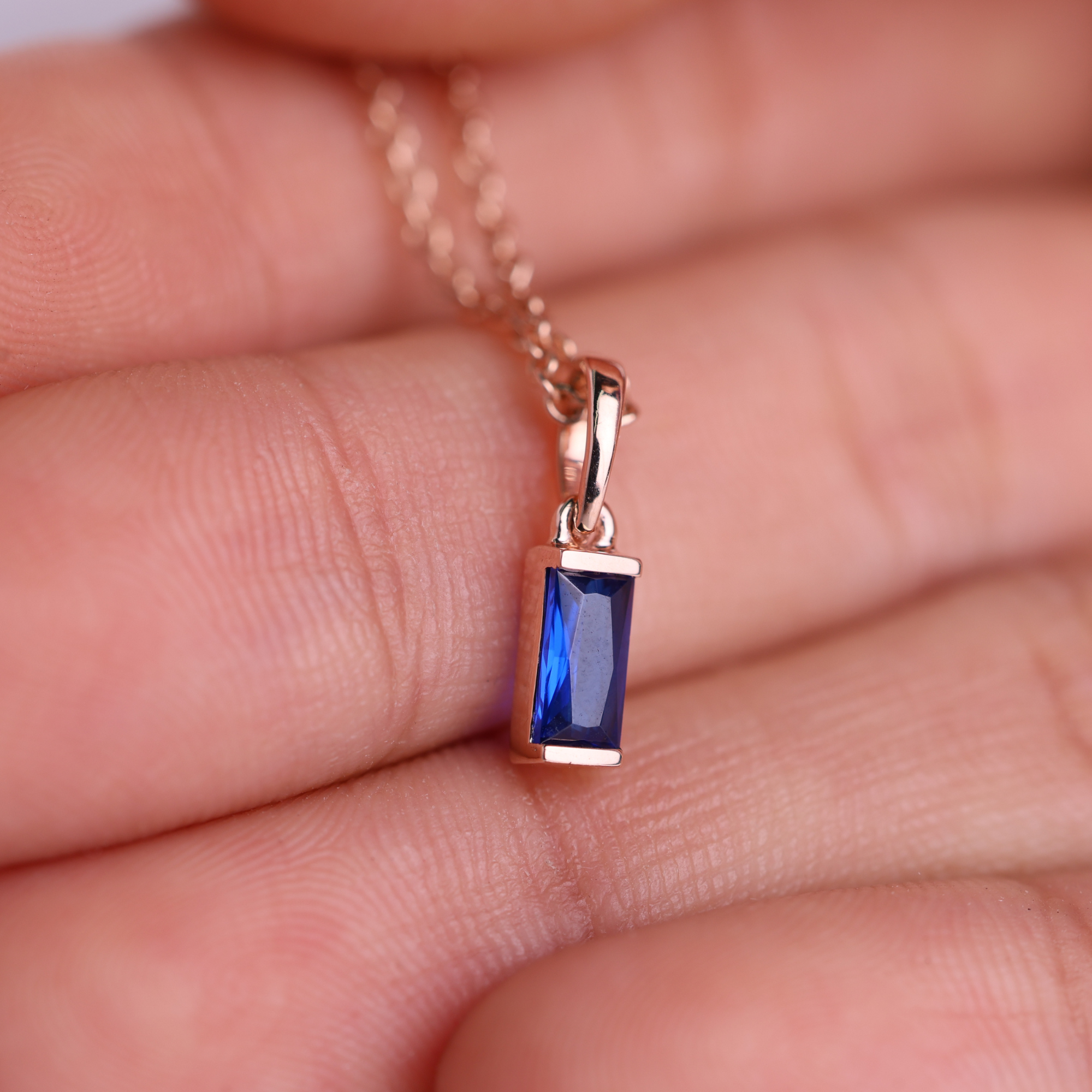 14K Blue Sapphire Pendant Solid Gold Baguette Sapphire Necklace
