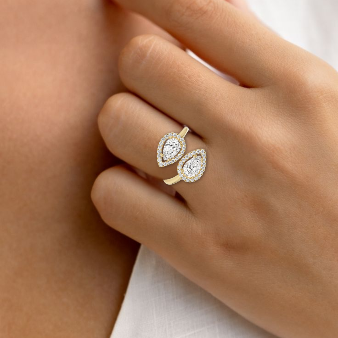 14K Cross Over Pear Shaped Halo Setting Lab Grown Diamond Ring