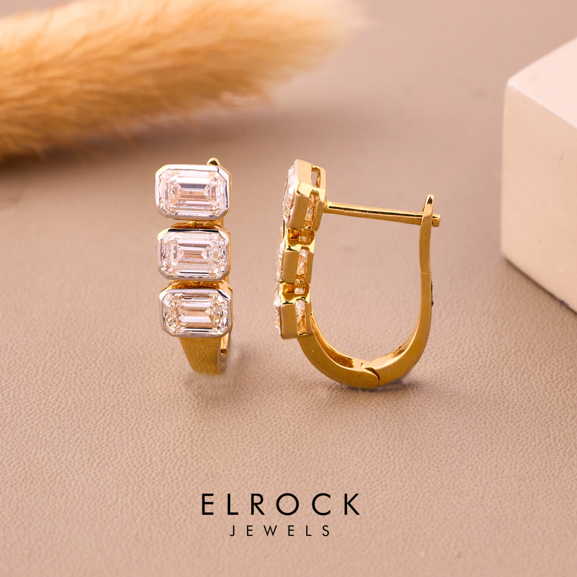 14K Solid Gold Emerald Cut Hoop Three Stone Diamond Huggies