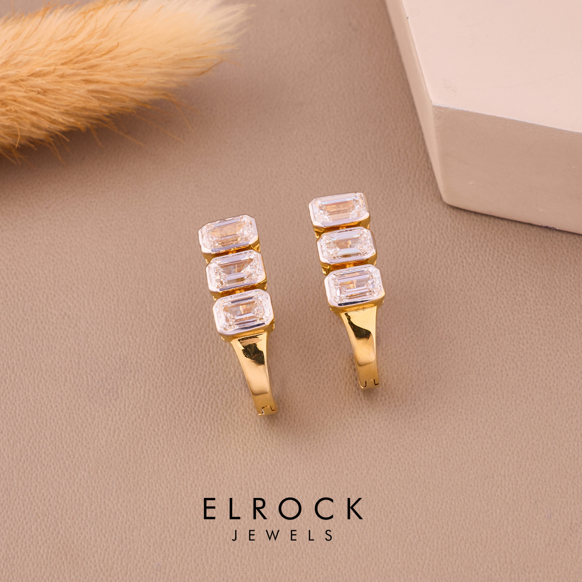 14K Solid Gold Emerald Cut Hoop Three Stone Diamond Huggies