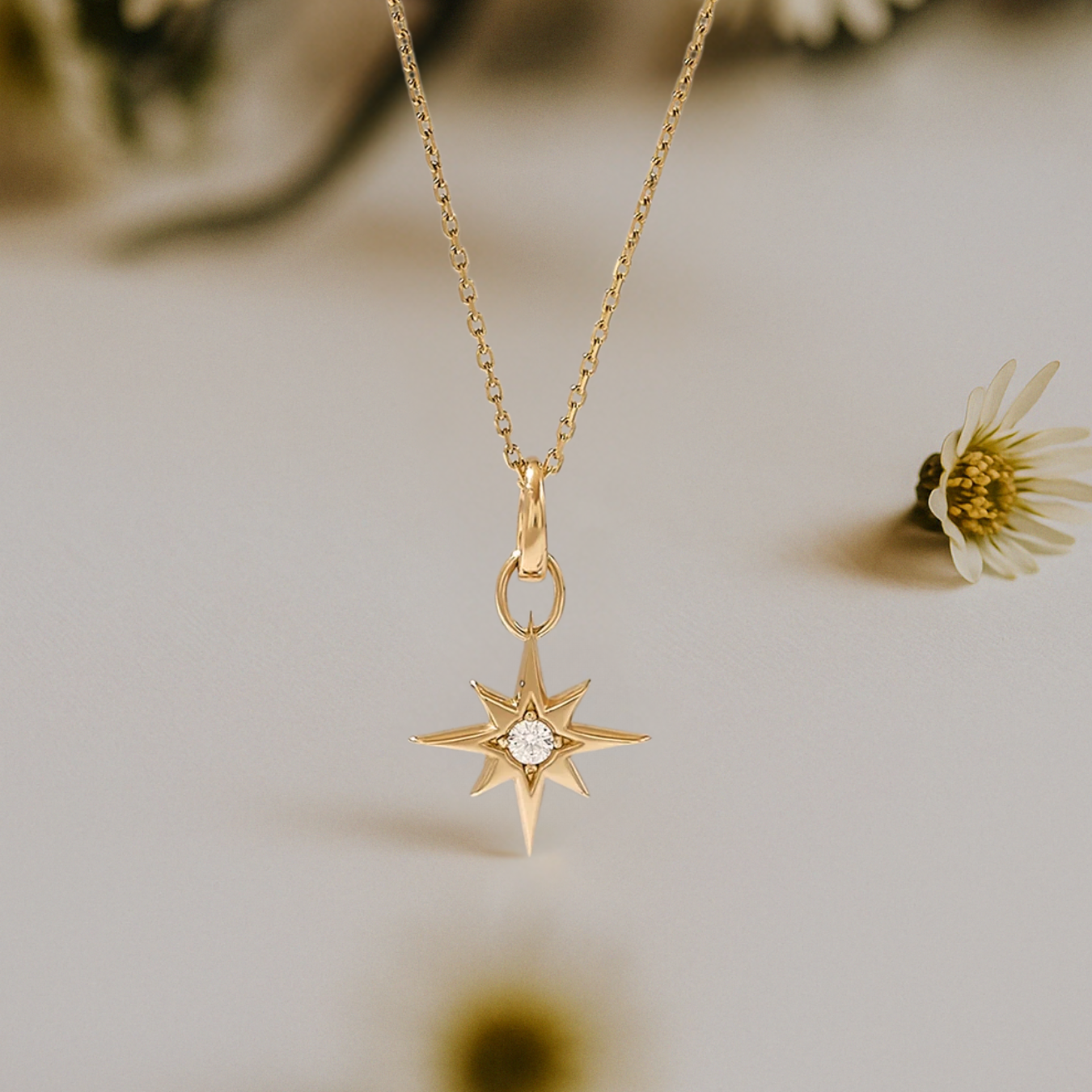 14k Solid Gold Star Pendant, Diamond North Star Necklace