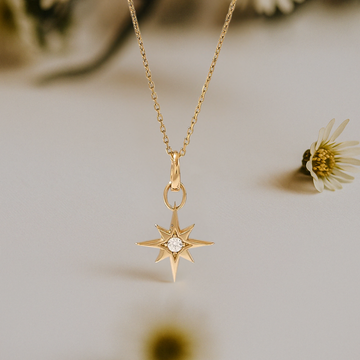 14k Solid Gold Star Pendant, Diamond North Star Necklace | Unique Celestial Pendant Necklace