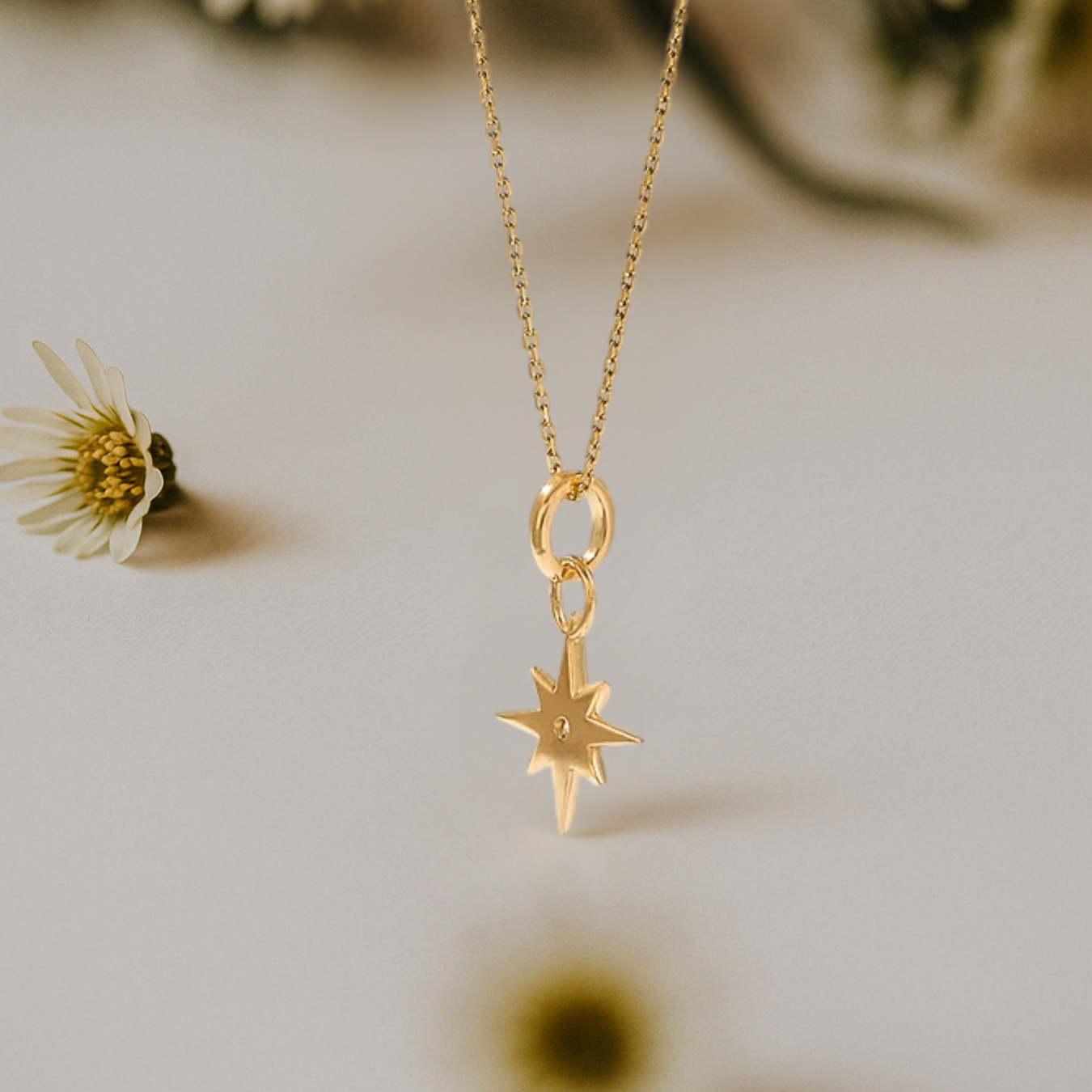 14k Solid Gold Star Pendant, Diamond North Star Necklace