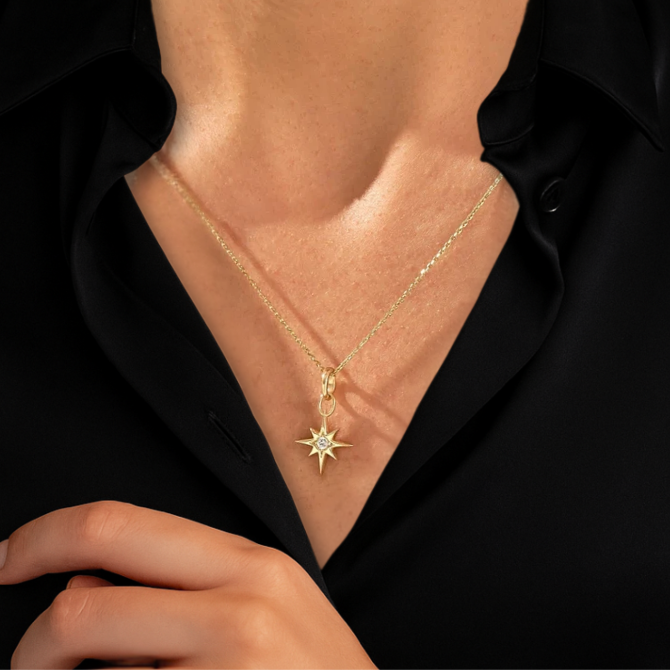 14k Solid Gold Star Pendant, Diamond North Star Necklace