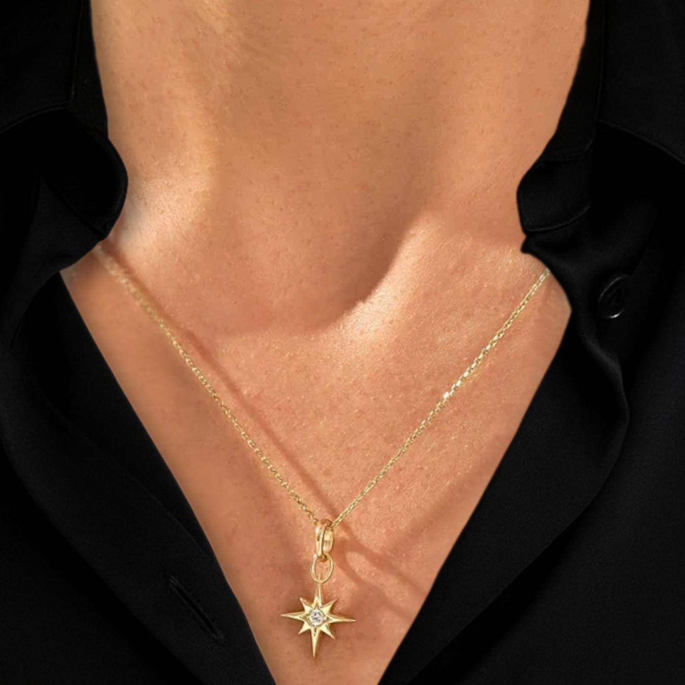 14k Solid Gold Star Pendant, Diamond North Star Necklace