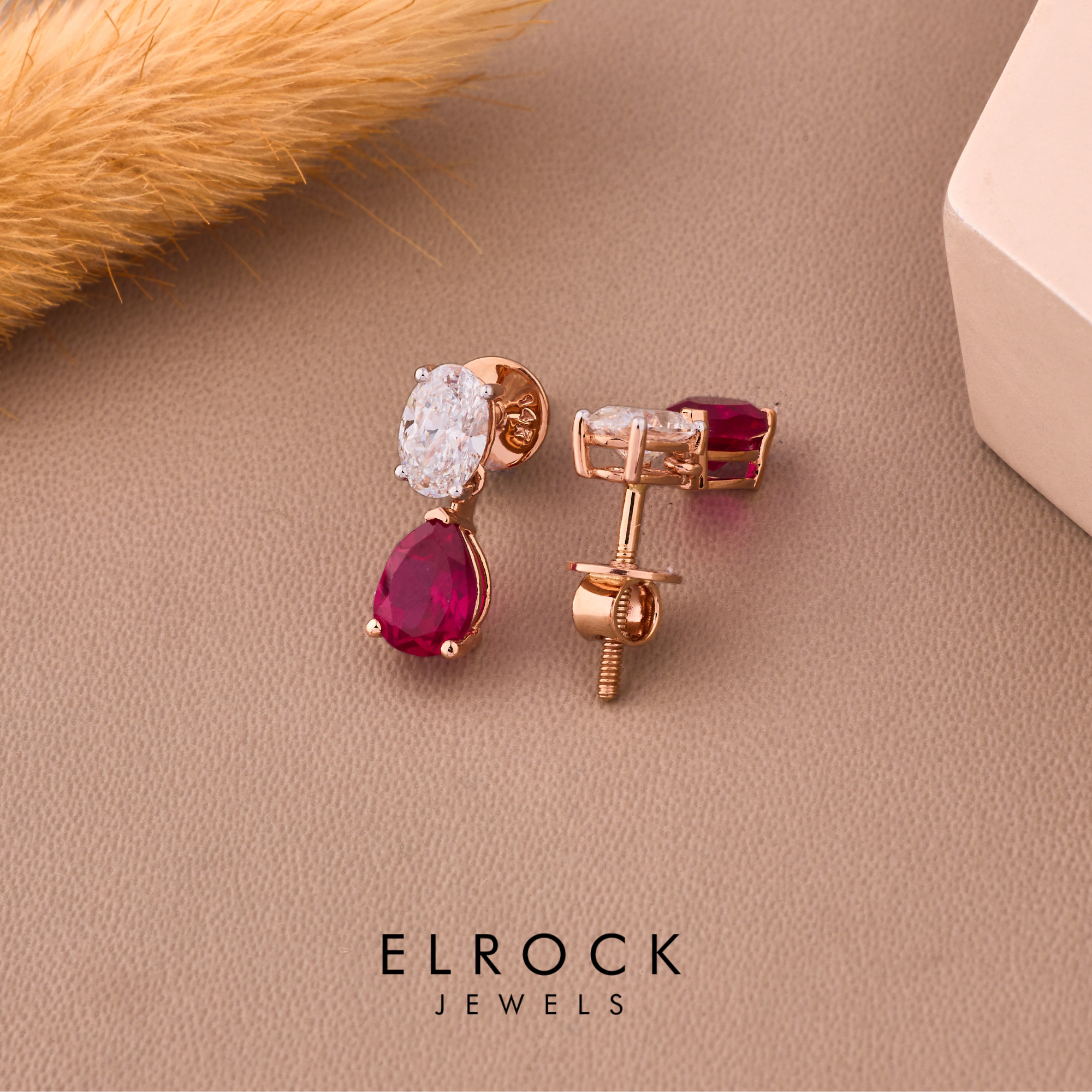 14K Gold Diamond Teardrop Ruby Stud July Birthstone Earrings