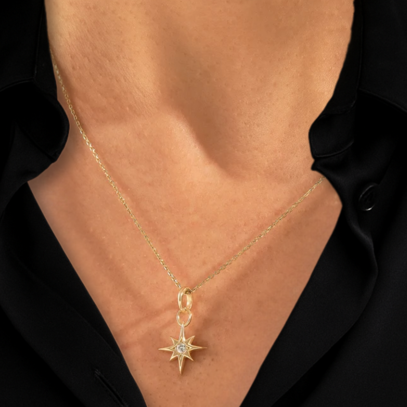 14k Solid Gold Star Pendant, Diamond North Star Necklace