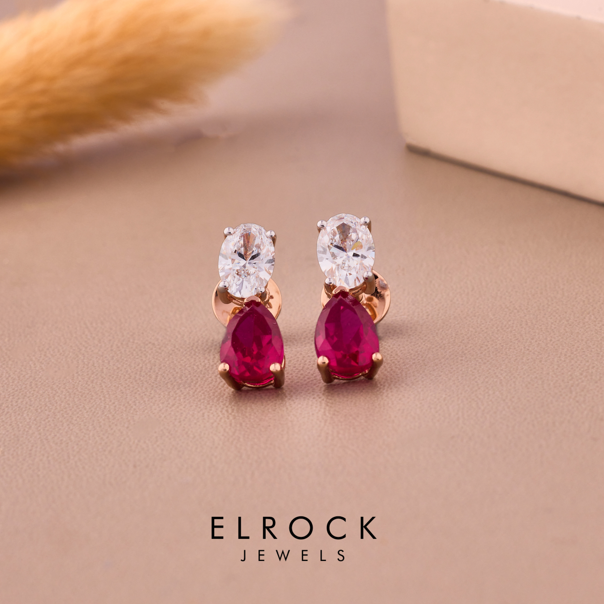 14K Gold Diamond Teardrop Ruby Stud July Birthstone Earrings