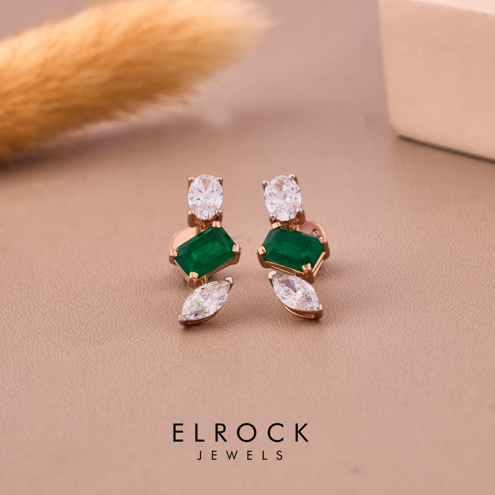 14K Solid Gold Emerald Green Gemstone Drop Studs Earrings.