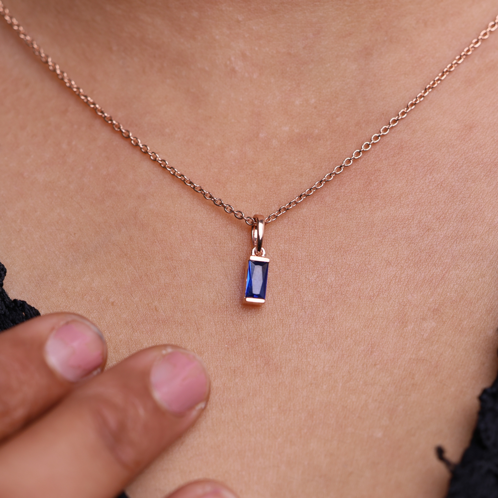 14K Blue Sapphire Pendant Solid Gold Baguette Sapphire Necklace