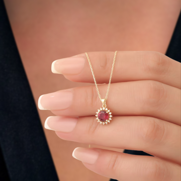 1.00 Carat 14K Gold Round Cut Ruby Necklace with Round Diamond for Woman