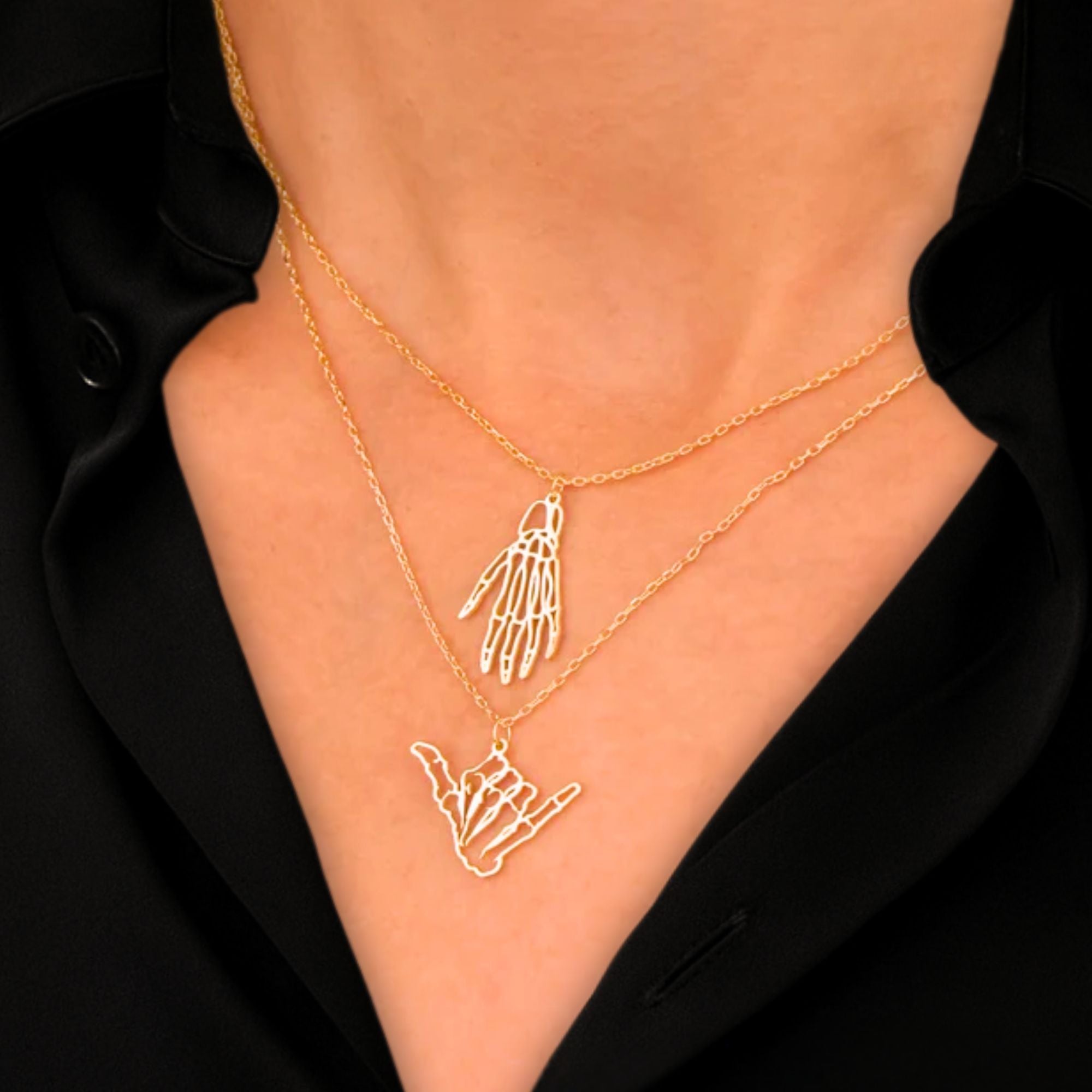 14K Gold Skeleton Necklace Hand Signs Halloween Jewelry