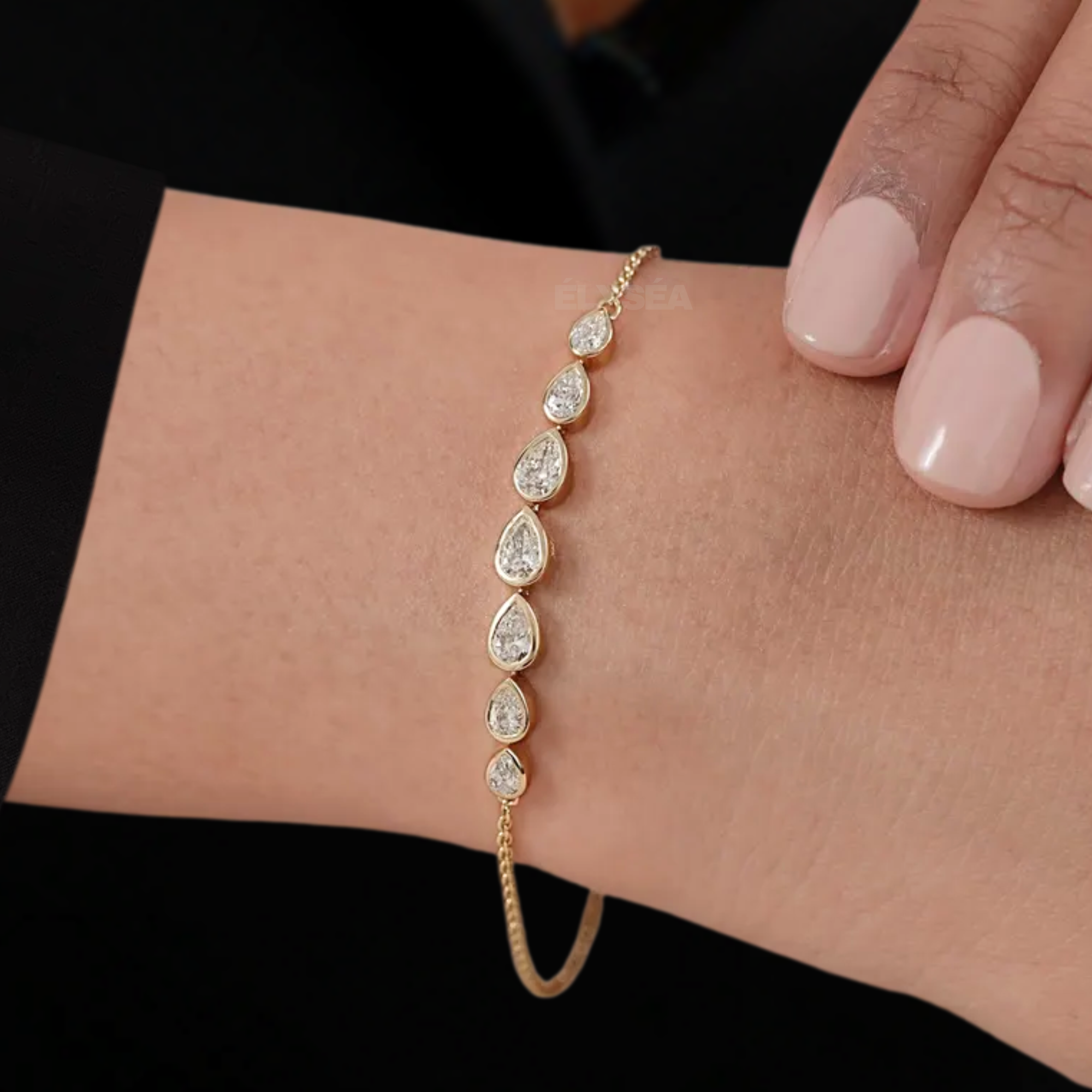 Bezel Set Pear Shaped Lab Grown Diamond Bracelet in 14k Yellow Gold
