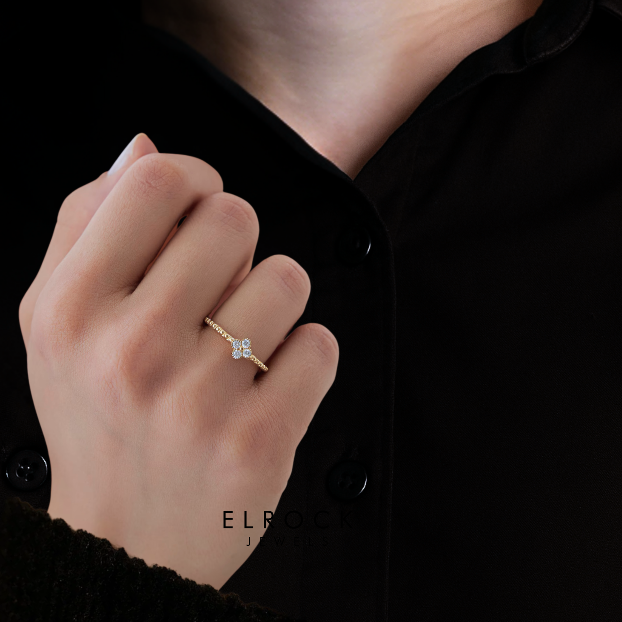 14k Gold Diamond Clover Ring, Minimalist Simple Stacking Ring / Petite Dainty Diamond Ring